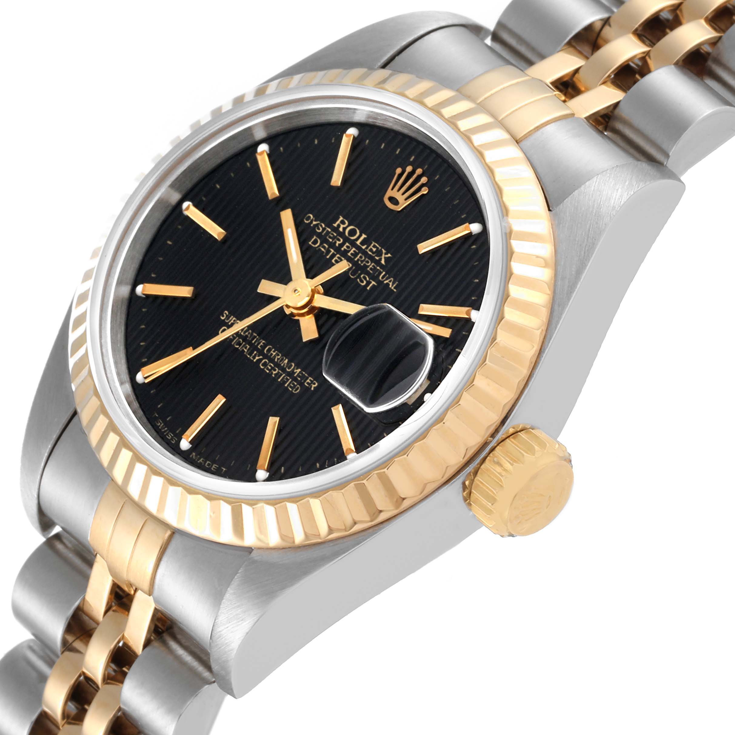The image shows a Rolex Datejust 69173 Women's Steel and Gold (two tone) Black Dial 69173 Women's Steel and Gold (two tone) Black Dial watch at a three-quarter angle, highlighting the dial, bezel, crown, and part of the bracelet.