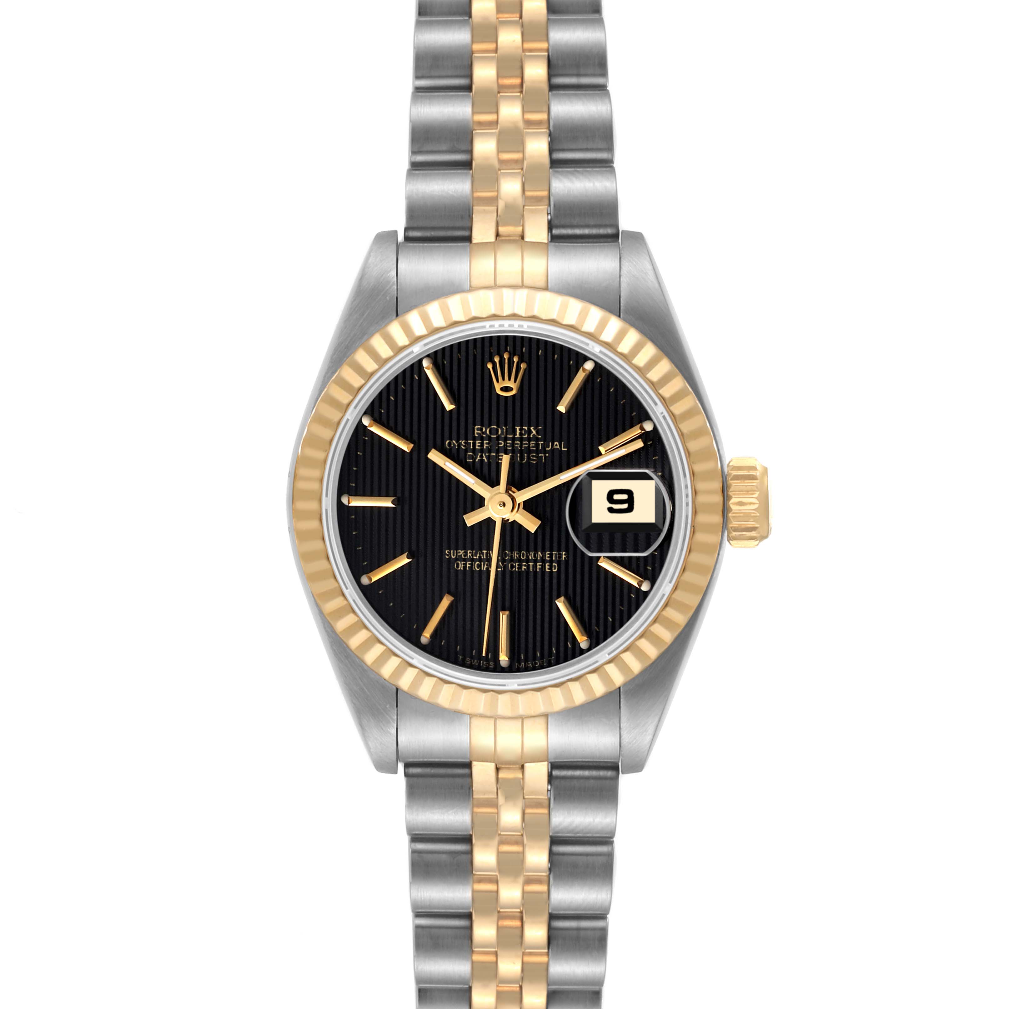The image shows a front-facing Rolex Datejust 69173 Women's Steel and Gold (two tone) Black Dial 69173 Women's Steel and Gold (two tone) Black Dial watch, highlighting its dial, bezel, crown, and two-tone bracelet.