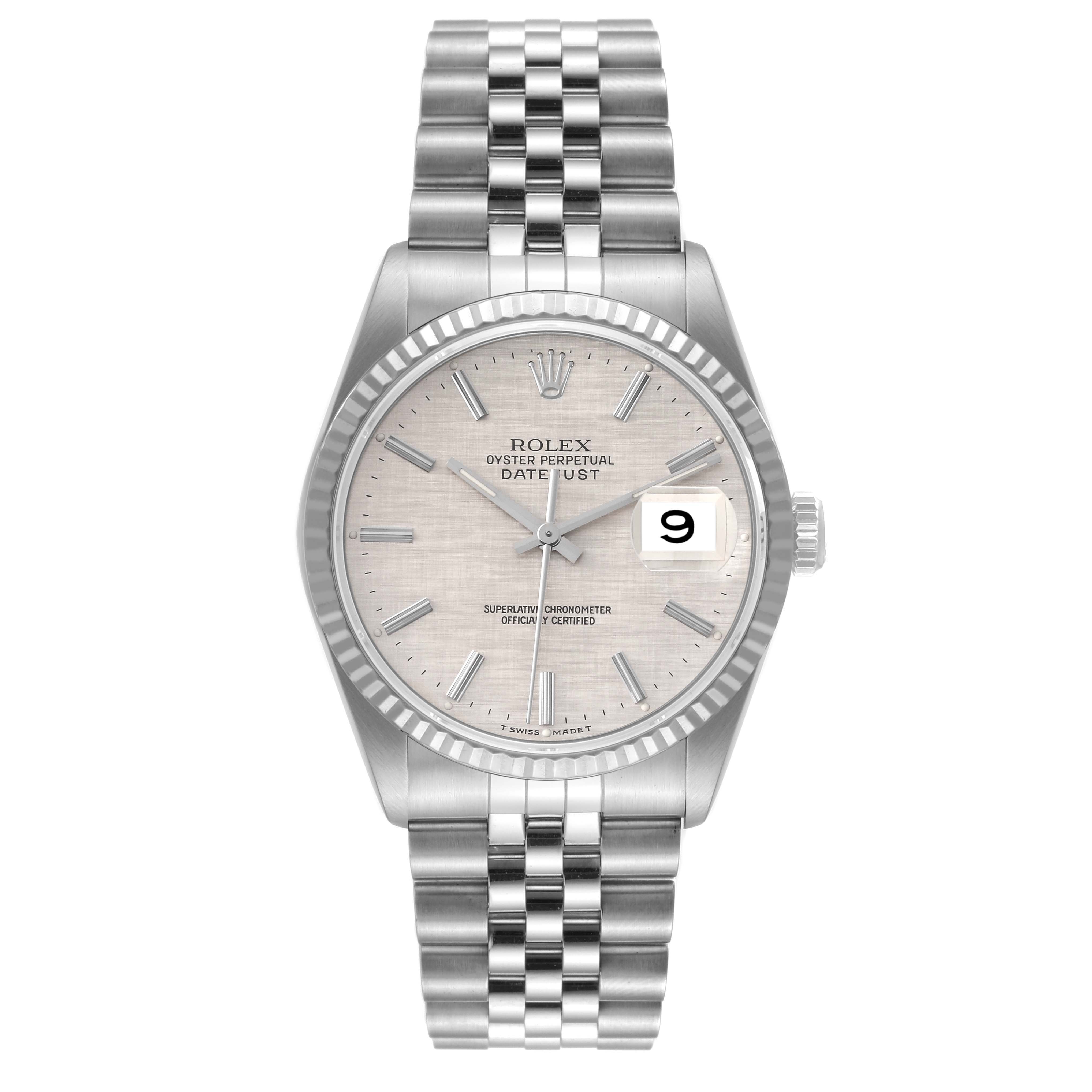 The image shows a frontal view of the Rolex Datejust 16234 Men's Stainless Steel Silver Dial 16234 Men's Stainless Steel Silver Dial watch, featuring its dial, fluted bezel, and jubilee bracelet.