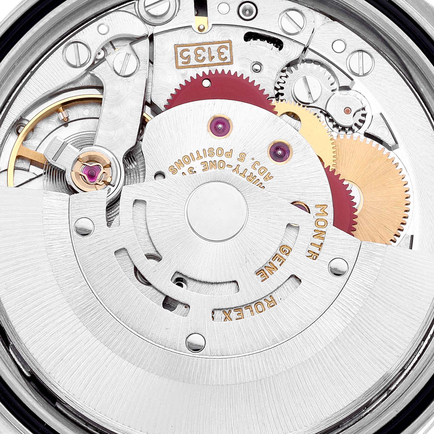 This is an image of the internal movement mechanism of a Rolex Datejust 16234 Men's Stainless Steel Silver Dial 16234 Men's Stainless Steel Silver Dial watch, showing gears and the rotor.