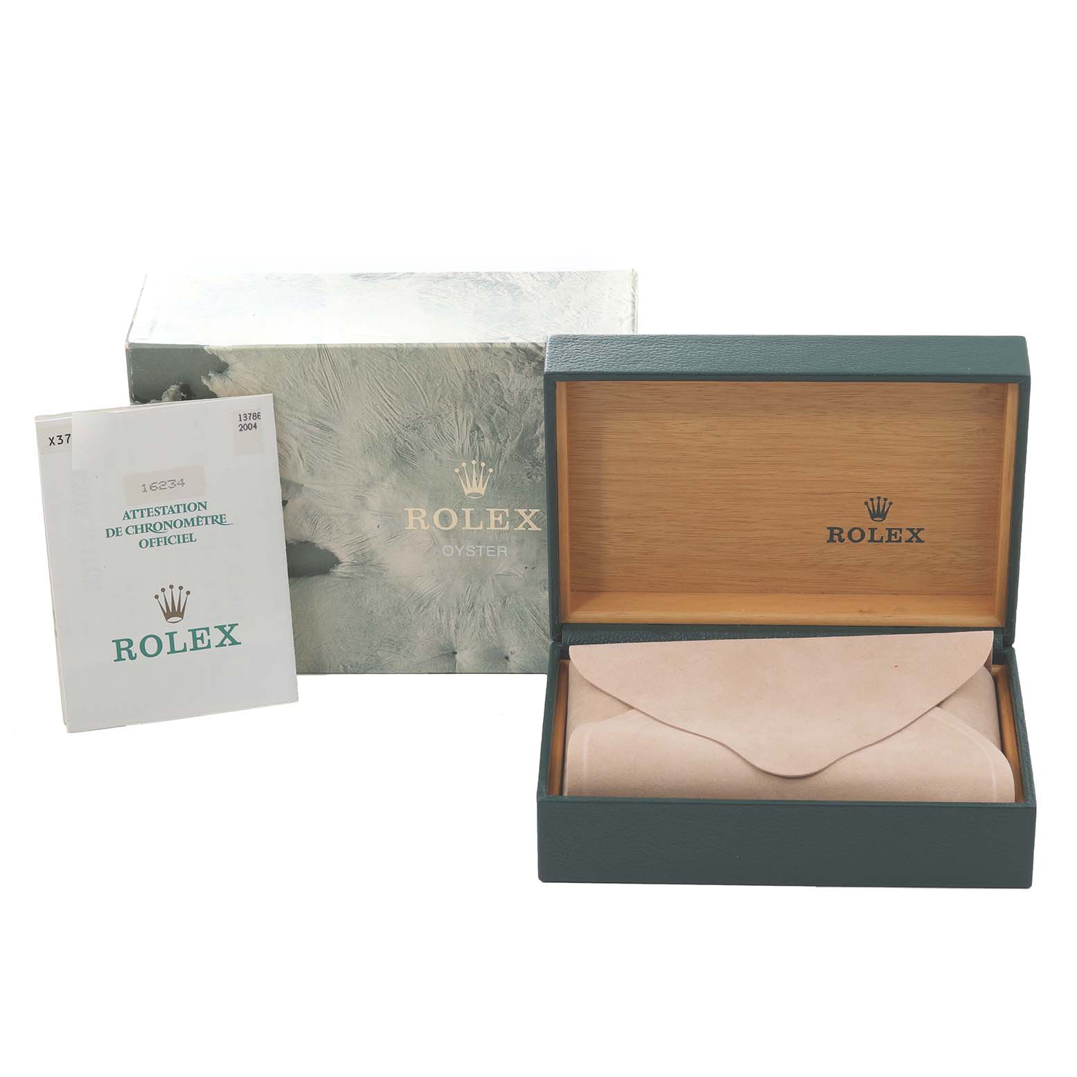 The image shows the Rolex Datejust 16234 Men's Stainless Steel Silver Dial 16234 Men's Stainless Steel Silver Dial accessories, including the outer box, inner box, and official chronometer certification booklet.