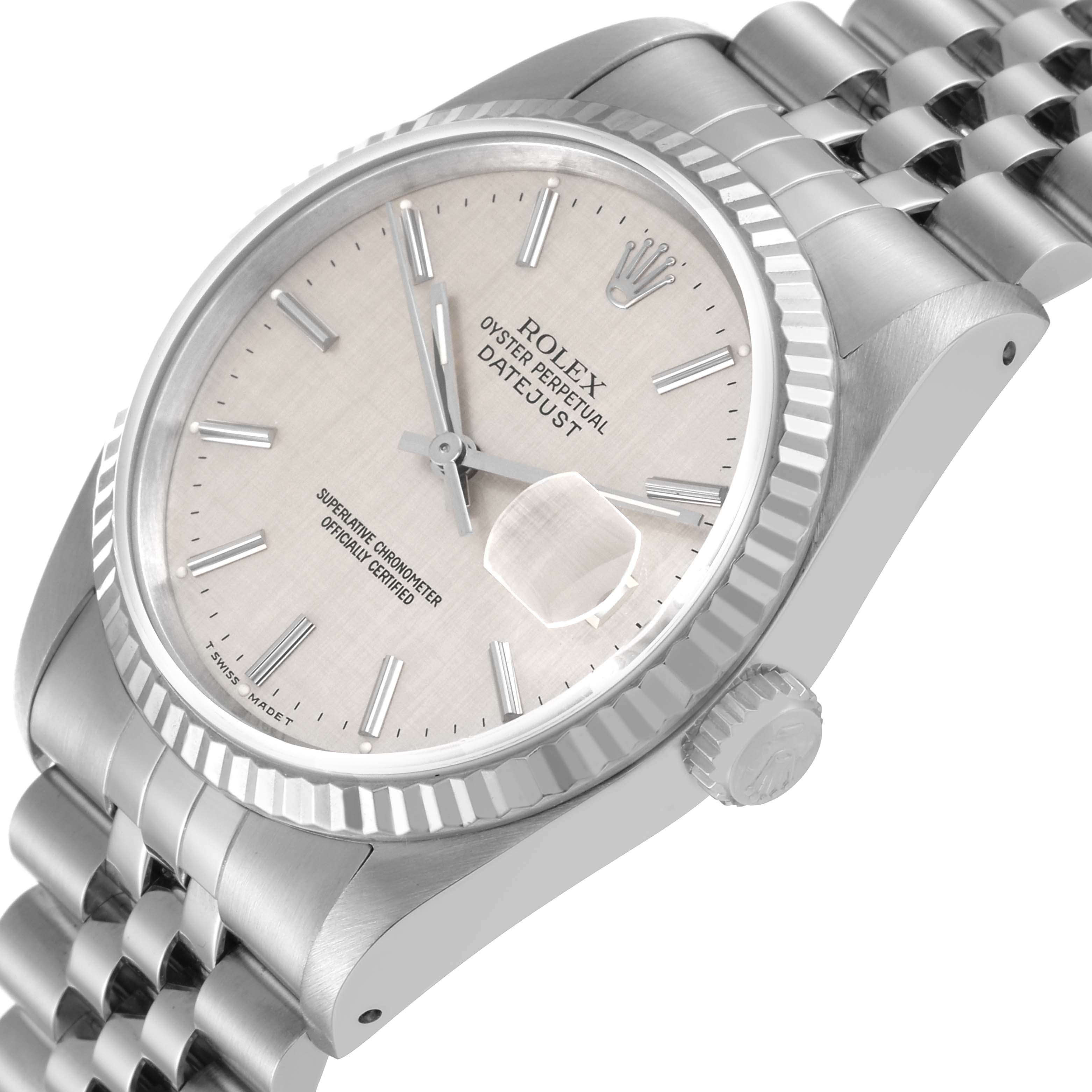 The image shows a close-up, angled view of the face, bezel, crown, and part of the bracelet of a Rolex Datejust 16234 Men's Stainless Steel Silver Dial 16234 Men's Stainless Steel Silver Dial watch.