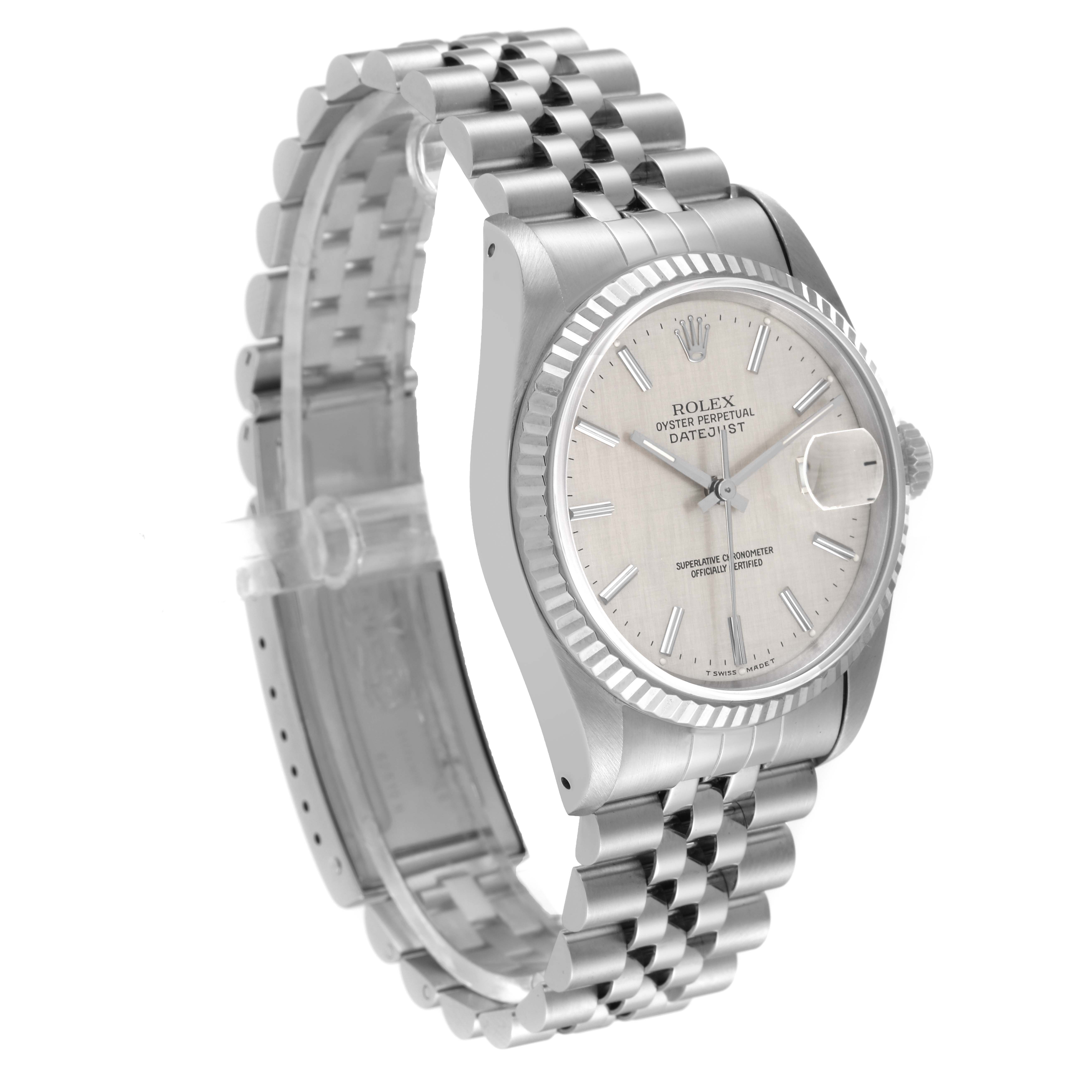 The image shows a Rolex Datejust 16234 Men's Stainless Steel Silver Dial 16234 Men's Stainless Steel Silver Dial watch from an oblique angle, showcasing the face, bezel, crown, and bracelet.