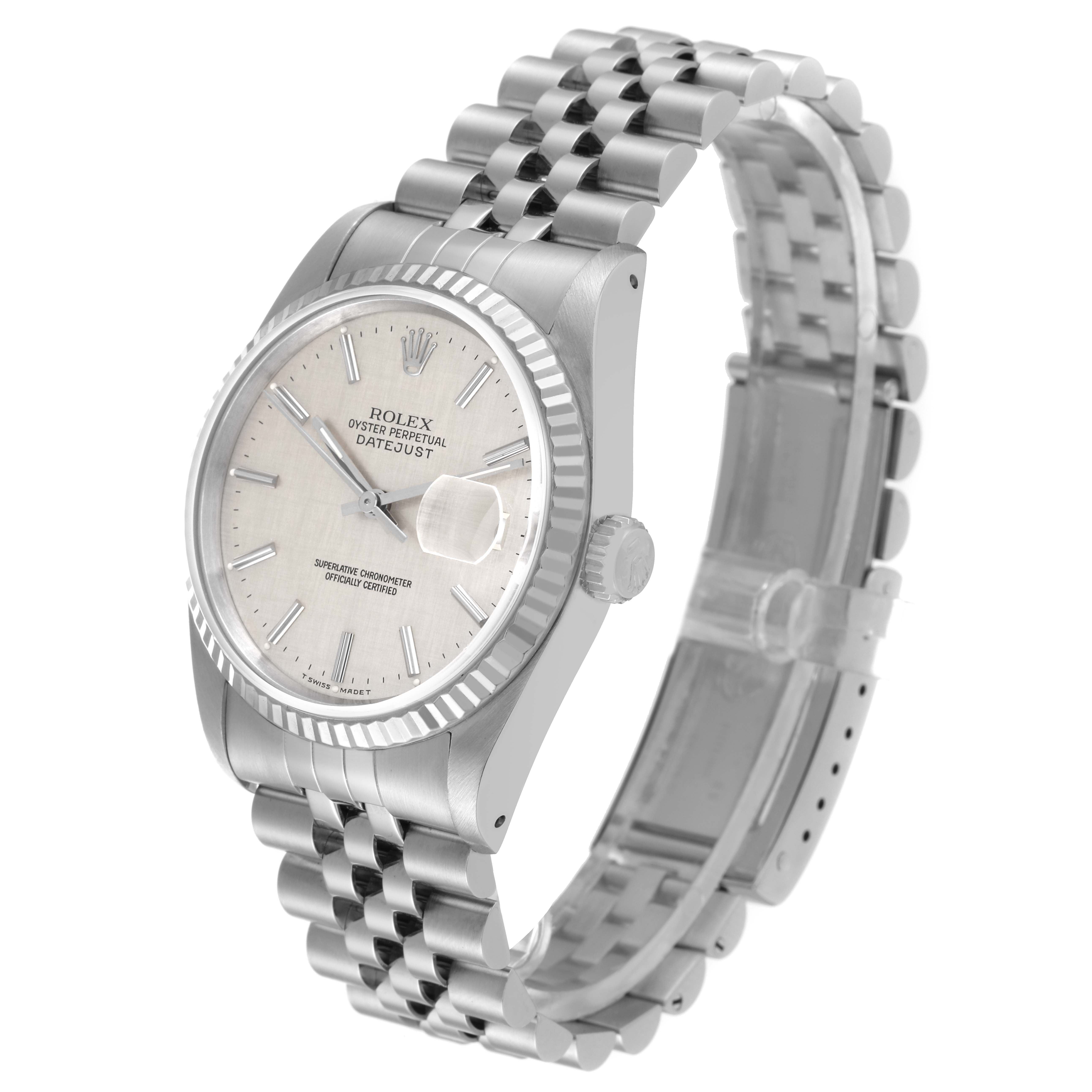 The Rolex Datejust 16234 Men's Stainless Steel Silver Dial 16234 Men's Stainless Steel Silver Dial watch is shown at a three-quarter angle, highlighting its face, bezel, bracelet, and crown.