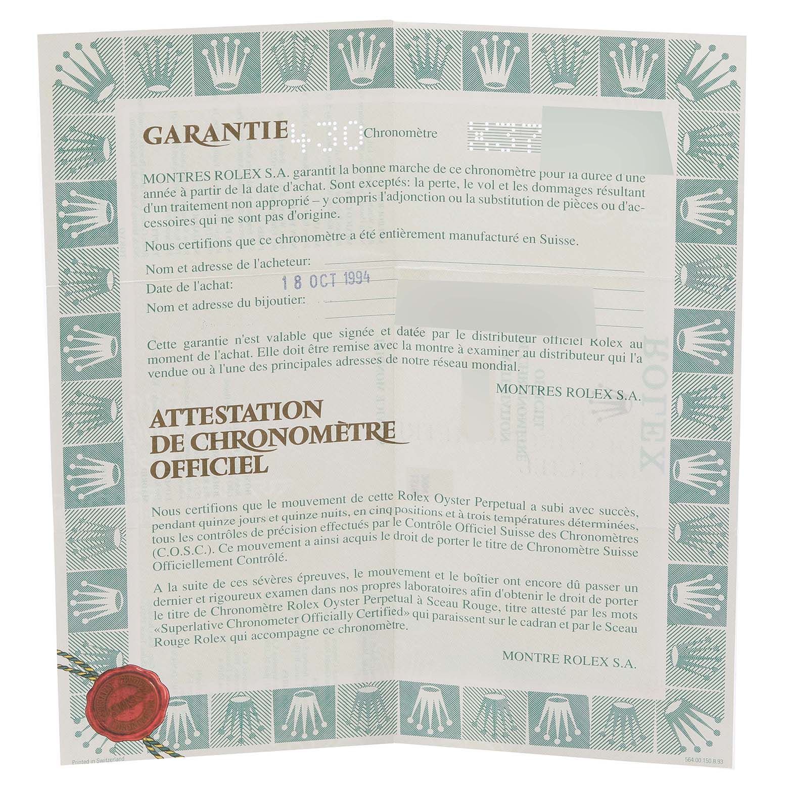 This image shows the warranty and certification documents for the Rolex Datejust 16234 Men's Stainless Steel Silver Dial 16234 Men's Stainless Steel Silver Dial model.