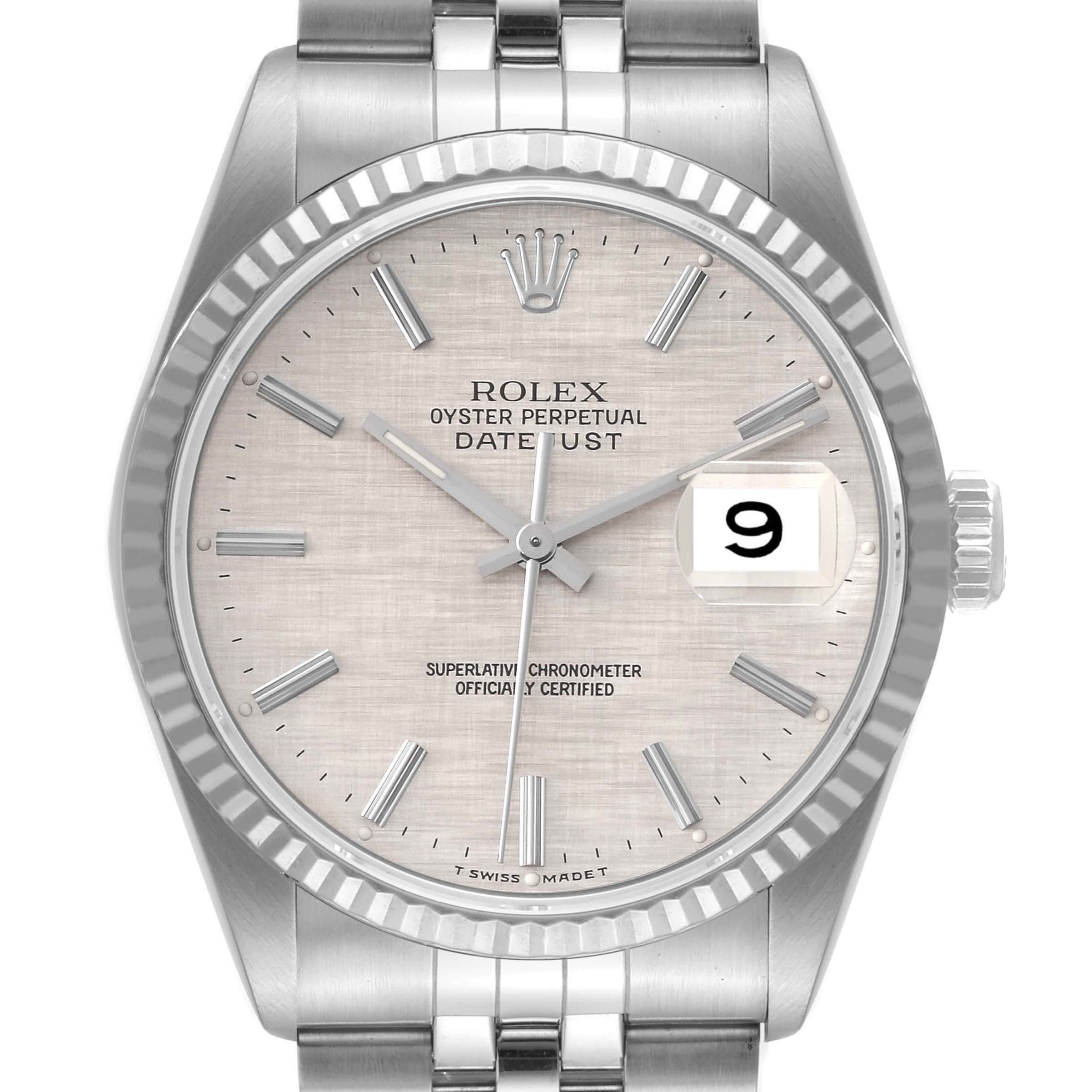 The image shows a close-up, front view of a Rolex Datejust 16234 Men's Stainless Steel Silver Dial 16234 Men's Stainless Steel Silver Dial watch, highlighting the dial, bezel, hands, and date magnifier.