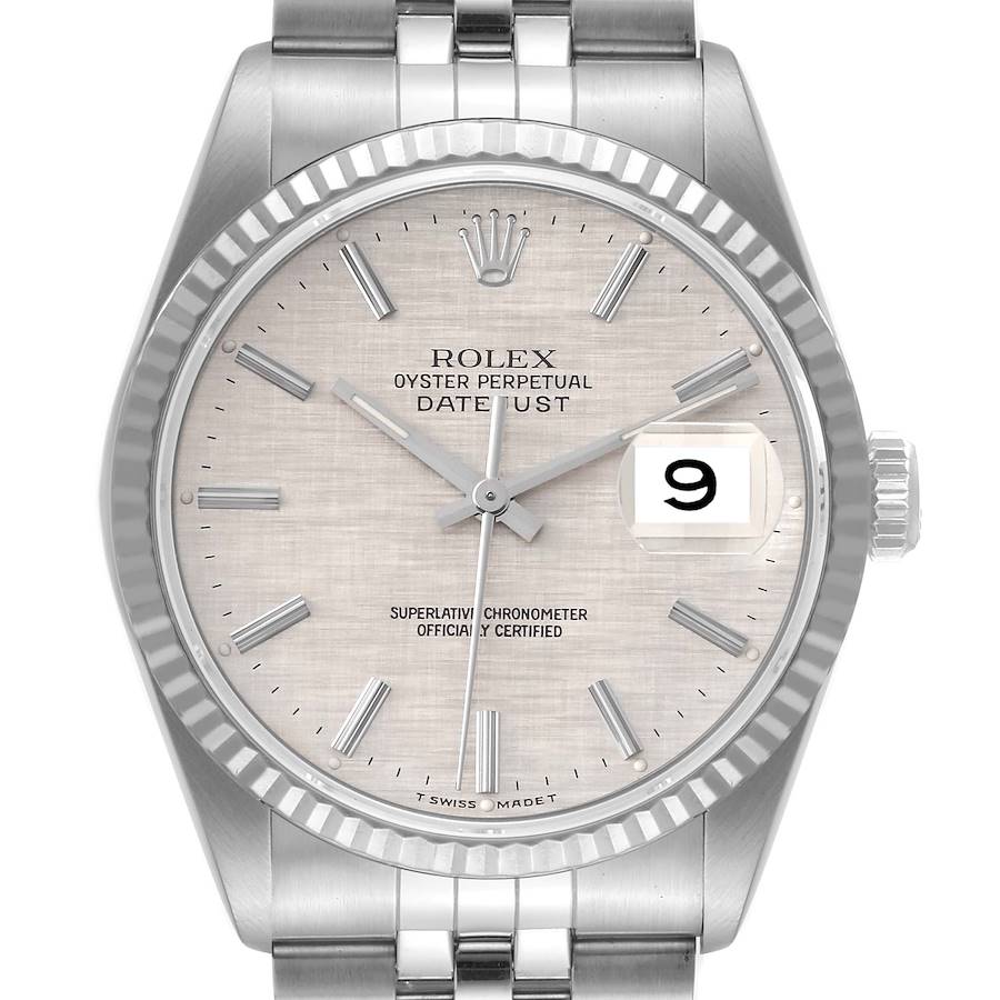 Rolex Datejust Steel White Gold Linen Dial Mens Watch 16234 Box Papers SwissWatchExpo