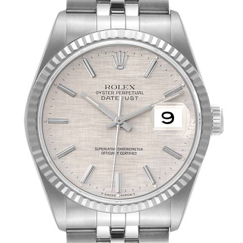 Photo of Rolex Datejust Steel White Gold Linen Dial Mens Watch 16234 Box Papers