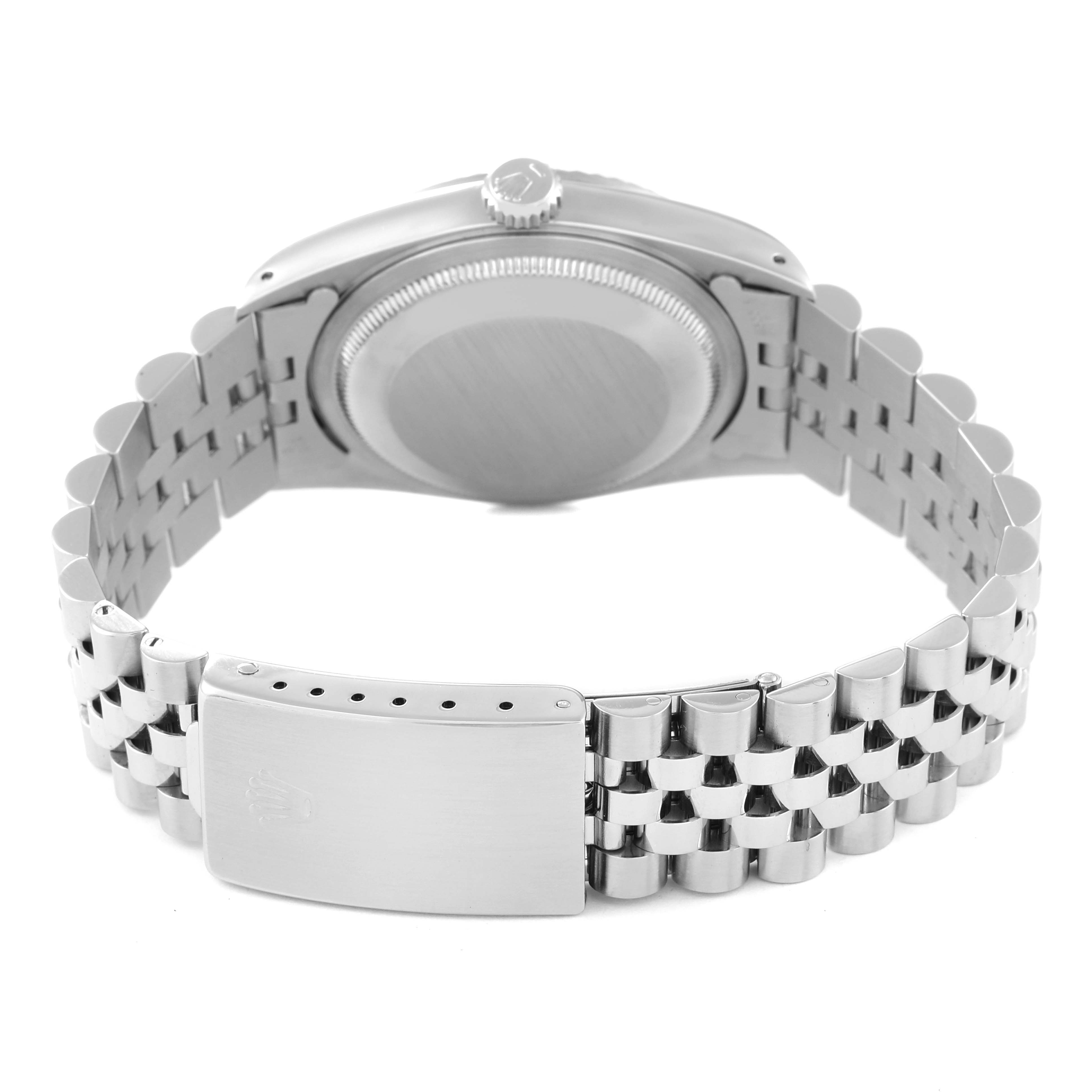 The image shows the back side of a Rolex Datejust 16234 Men's Stainless Steel Silver Dial 16234 Men's Stainless Steel Silver Dial watch, highlighting the case back and bracelet with the clasp.