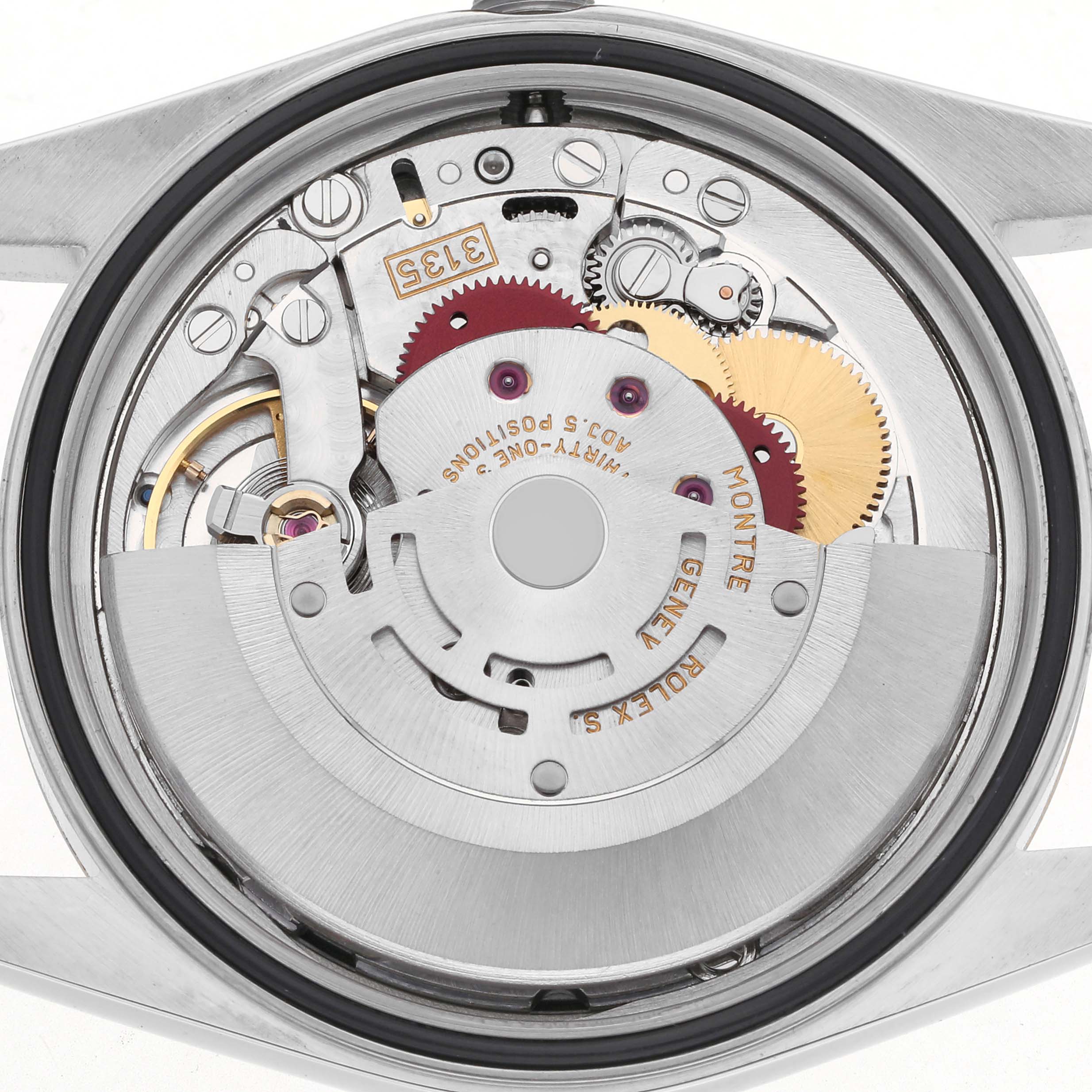 The image shows the back view of a Rolex Datejust 16233 Men's Steel and Gold (two tone) Black Dial 16233 Men's Steel and Gold (two tone) Black Dial, displaying its intricate mechanical movement and rotor.