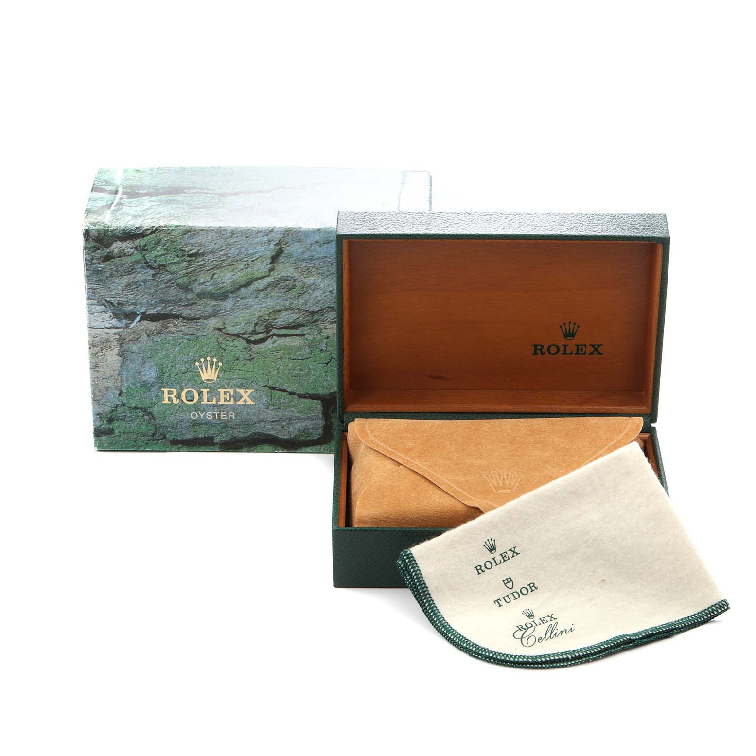 The image shows a Rolex Datejust 16233 Men's Steel and Gold (two tone) Black Dial 16233 Men's Steel and Gold (two tone) Black Dial watch box with a pouch and cleaning cloth, viewed from the front.