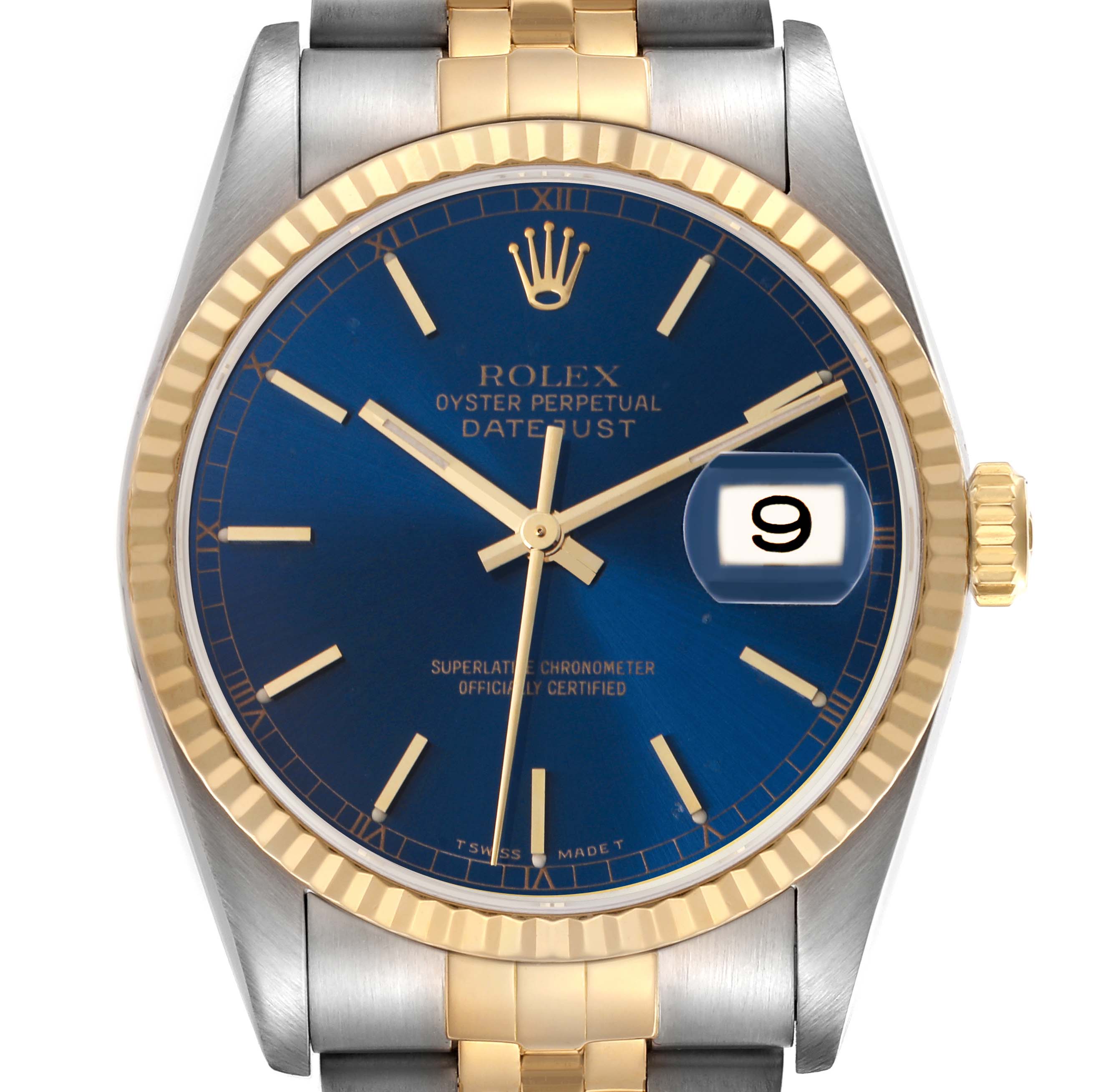 The Rolex Datejust 16233 Men's Steel and Gold (two tone) Blue Dial 16233 Men's Steel and Gold (two tone) Blue Dial is shown from the front, highlighting the blue dial, fluted bezel, and date feature.