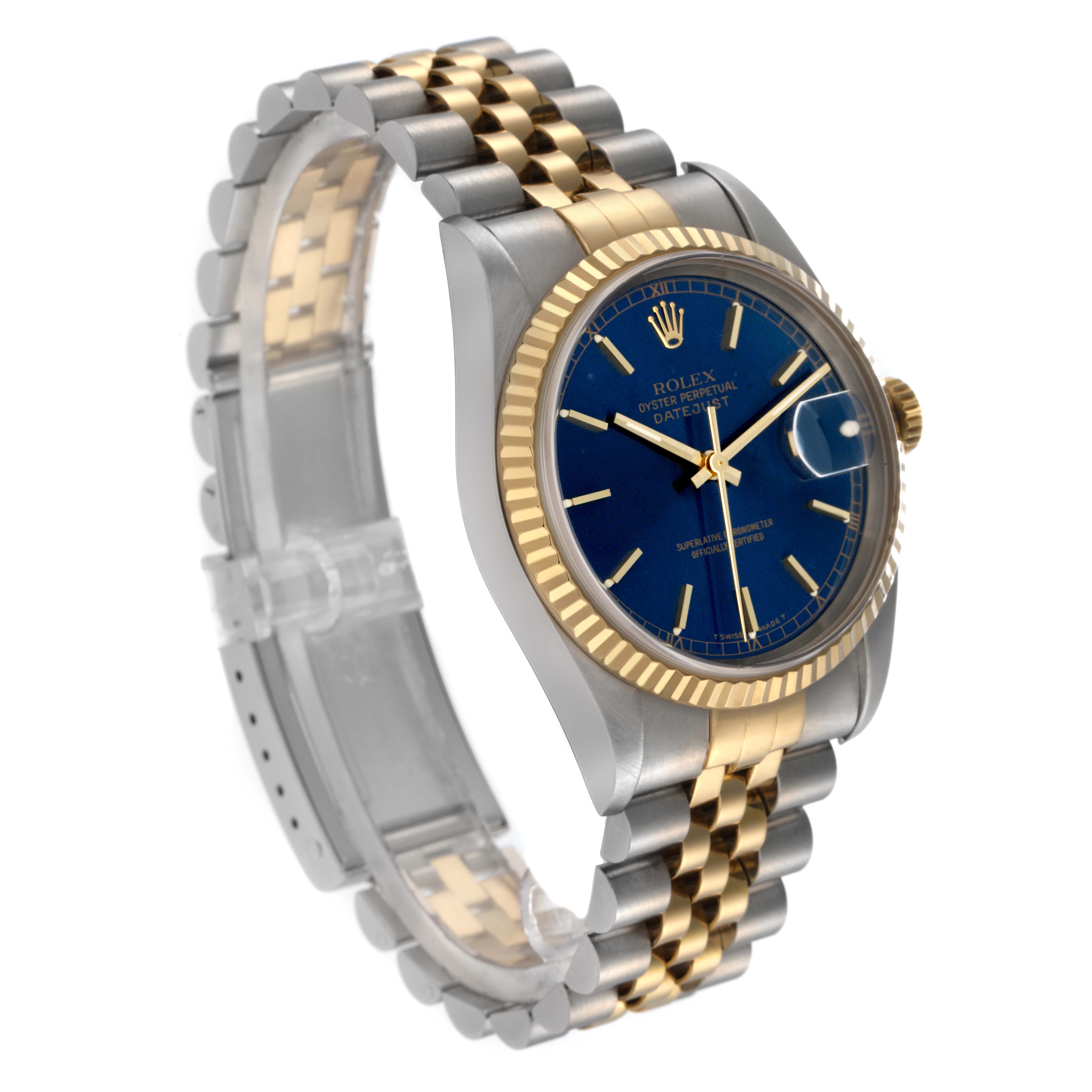 The Rolex Datejust 16233 Men's Steel and Gold (two tone) Blue Dial 16233 Men's Steel and Gold (two tone) Blue Dial watch is shown at a side angle, displaying its blue dial, gold fluted bezel, and two-tone Jubilee bracelet.