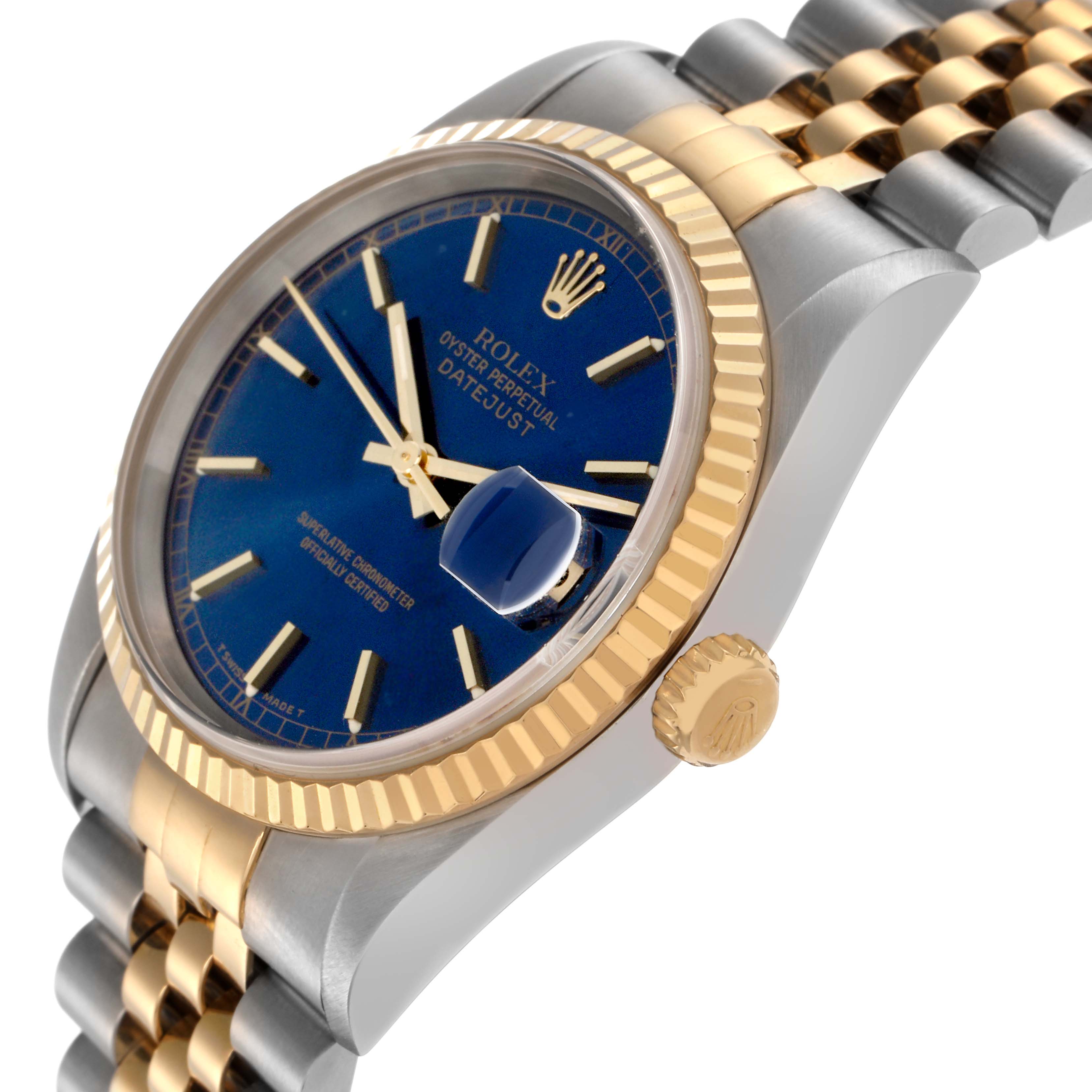 The image shows a Rolex Datejust 16233 Men's Steel and Gold (two tone) Blue Dial 16233 Men's Steel and Gold (two tone) Blue Dial watch from a side angle, highlighting the bezel, crown, dial, and bracelet.