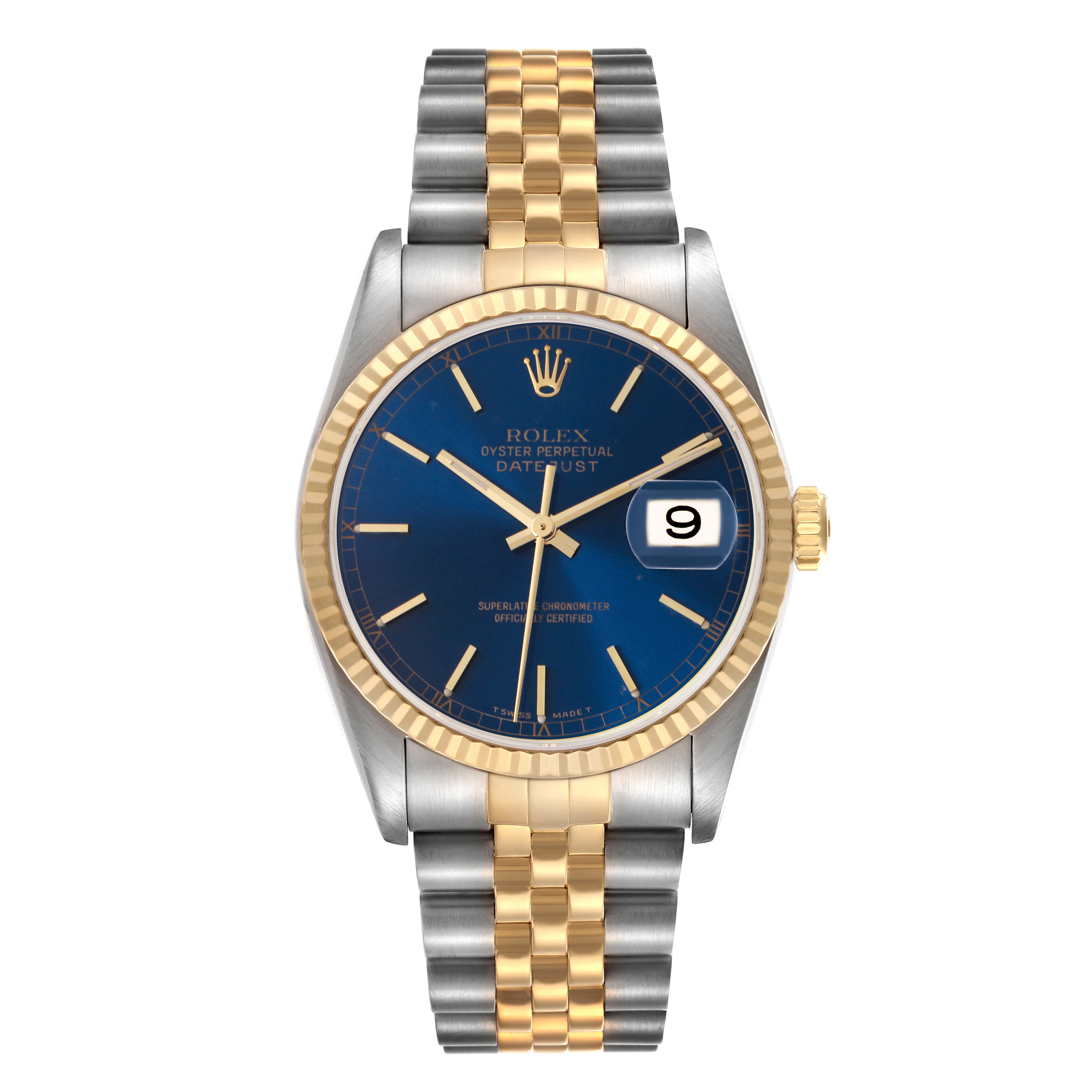 The Rolex Datejust 16233 Men's Steel and Gold (two tone) Blue Dial 16233 Men's Steel and Gold (two tone) Blue Dial watch is shown from a front angle, highlighting the dial, bezel, bracelet, and date window.