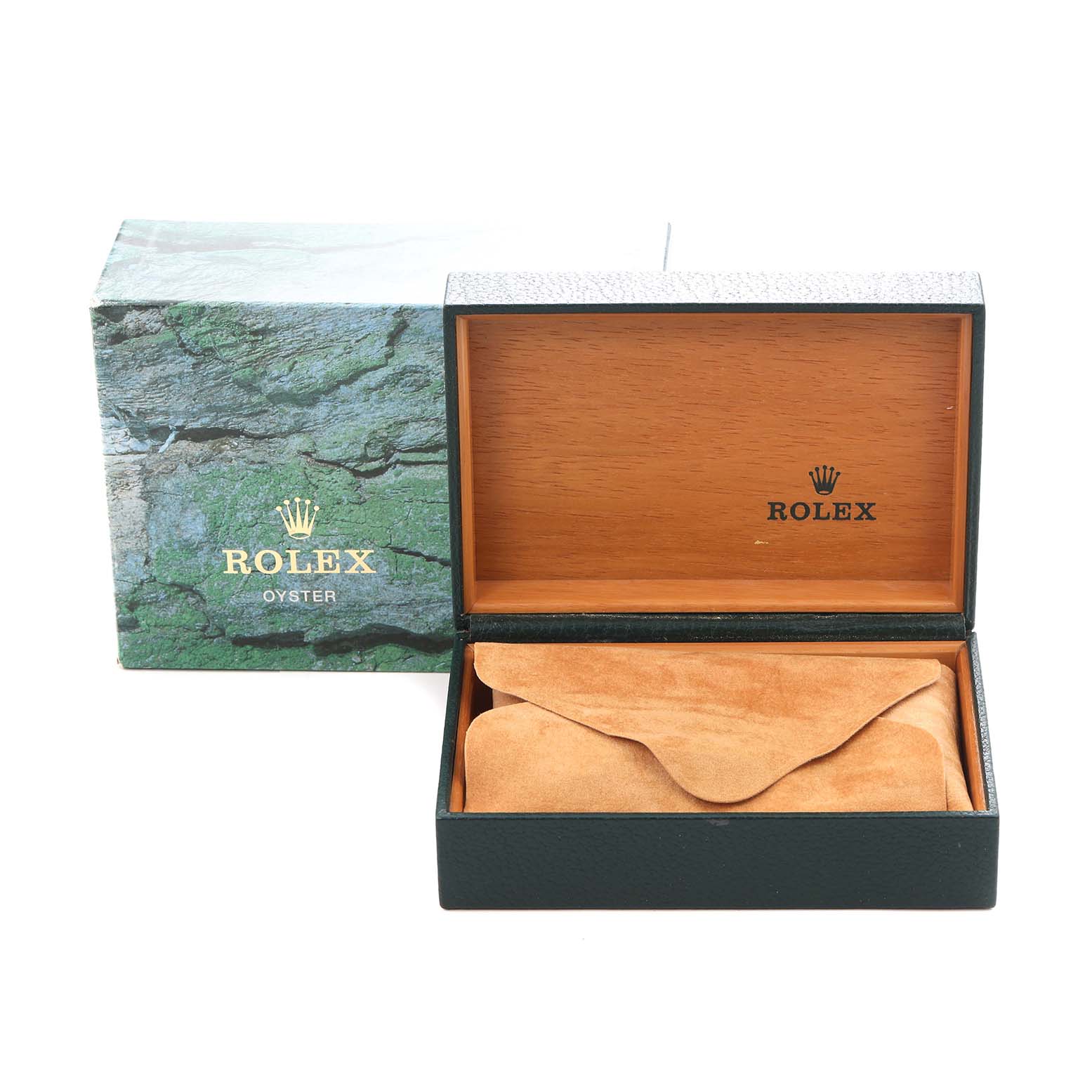 The image shows a Rolex Datejust 16233 Men's Steel and Gold (two tone) Blue Dial 16233 Men's Steel and Gold (two tone) Blue Dial watch box with an open lid, revealing its interior and a suede pouch inside.