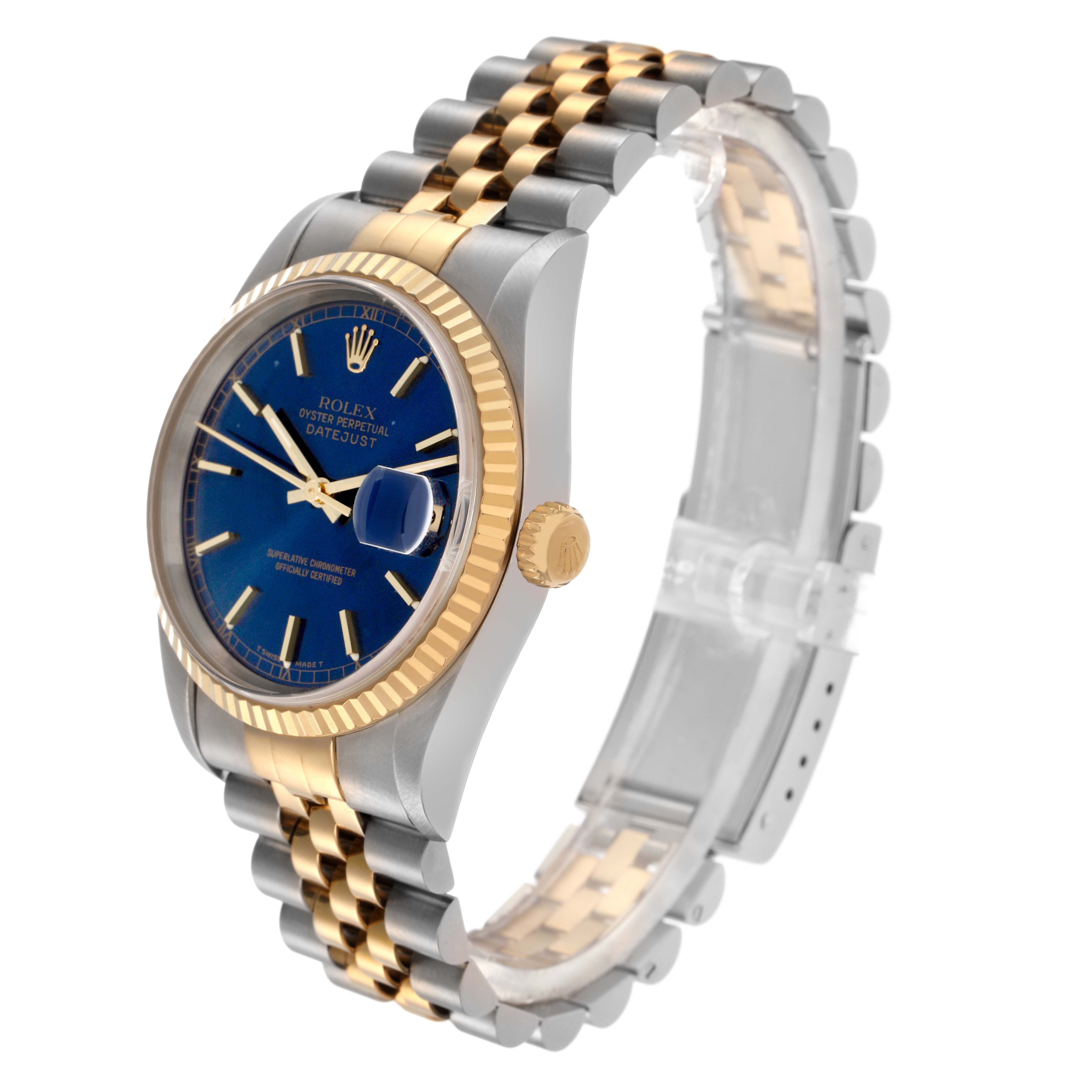 The Rolex Datejust 16233 Men's Steel and Gold (two tone) Blue Dial 16233 Men's Steel and Gold (two tone) Blue Dial watch is shown at an angled view, highlighting the blue dial, fluted bezel, two-tone bracelet, and crown.