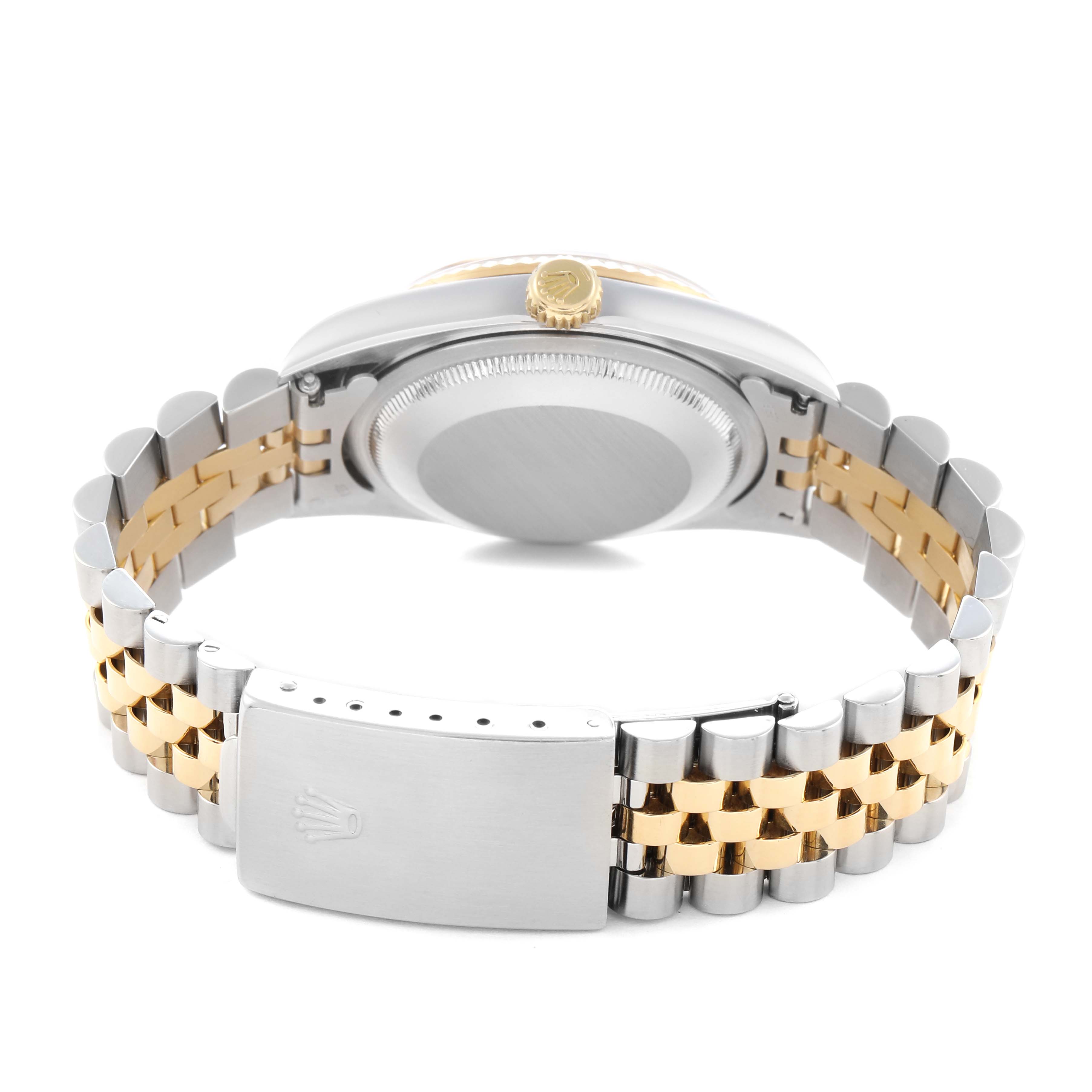 The image shows the back angle of a Rolex Datejust 16233 Men's Steel and Gold (two tone) Blue Dial 16233 Men's Steel and Gold (two tone) Blue Dial, highlighting the clasp and two-tone Jubilee bracelet.