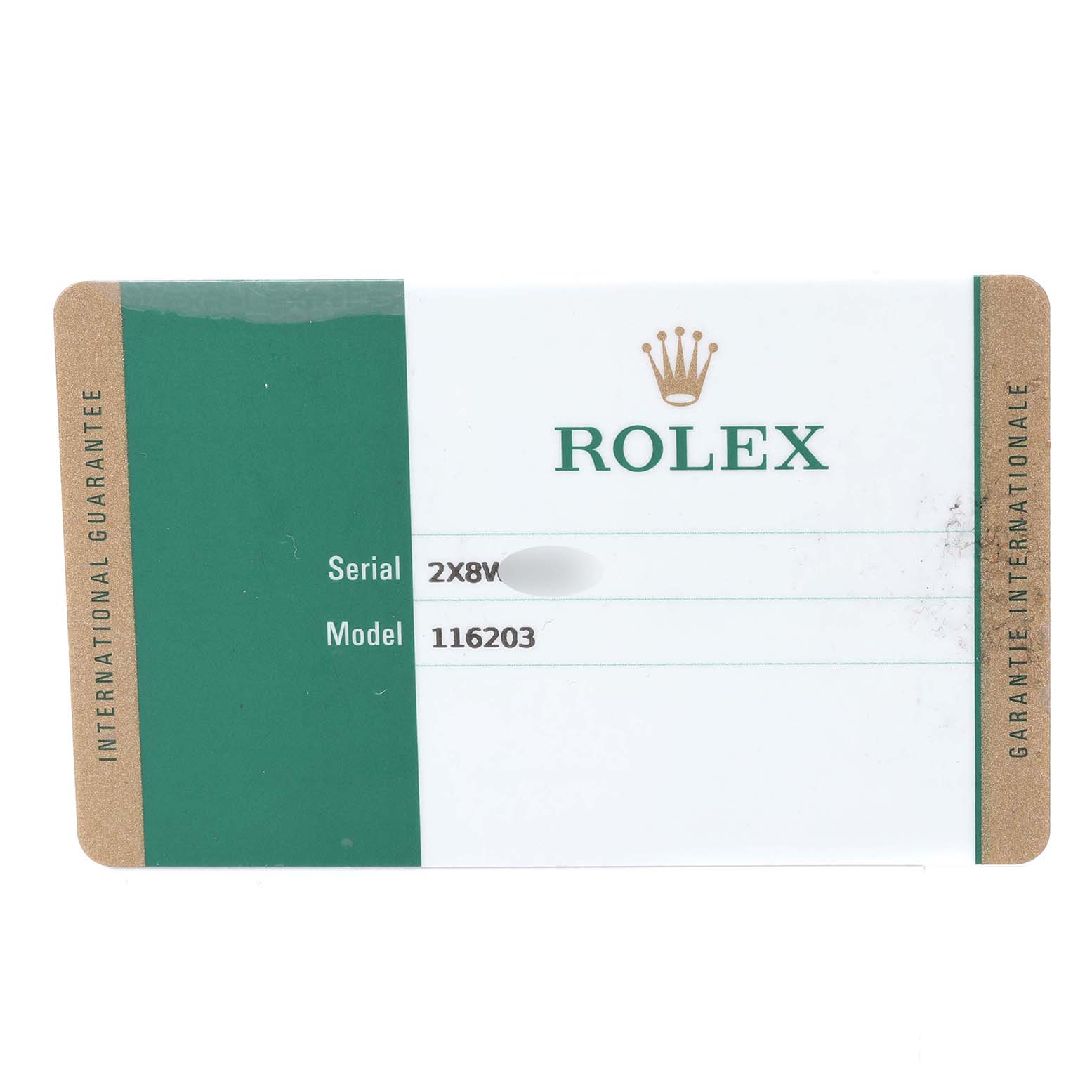 This is a warranty card for a Rolex Datejust 116203 Men's Steel and Gold (two tone) White Dial 116203 Men's Steel and Gold (two tone) White Dial watch, showcasing the serial and model numbers.
