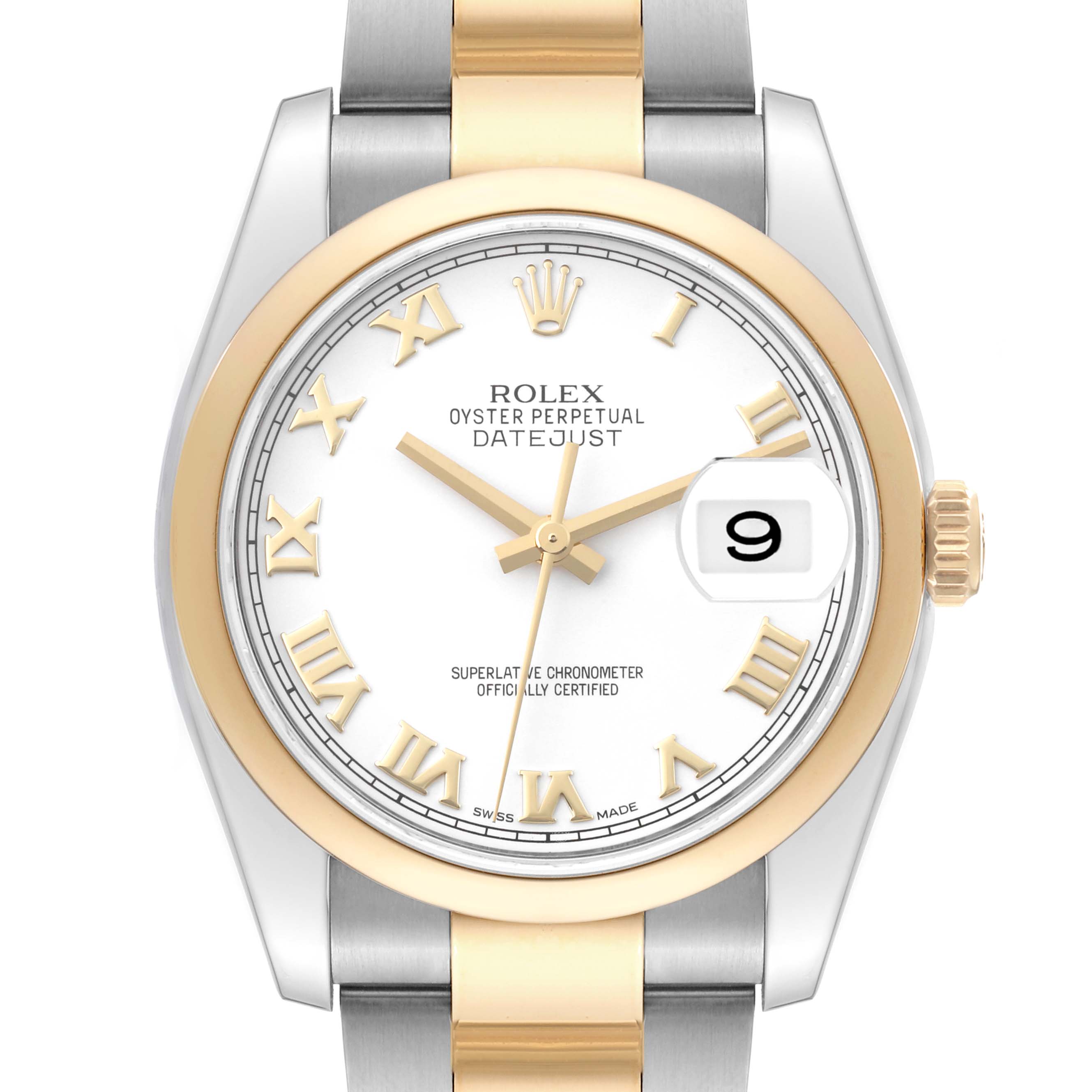 The image shows a front view of a Rolex Datejust 116203 Men's Steel and Gold (two tone) White Dial 116203 Men's Steel and Gold (two tone) White Dial watch featuring a gold and silver bracelet, white dial, Roman numerals, and date display.
