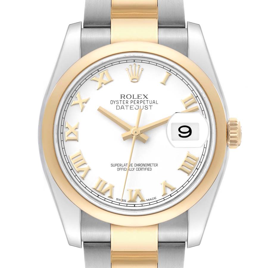 The image shows a front view of a Rolex Datejust watch featuring a gold and silver bracelet, white dial, Roman numerals, and date display.