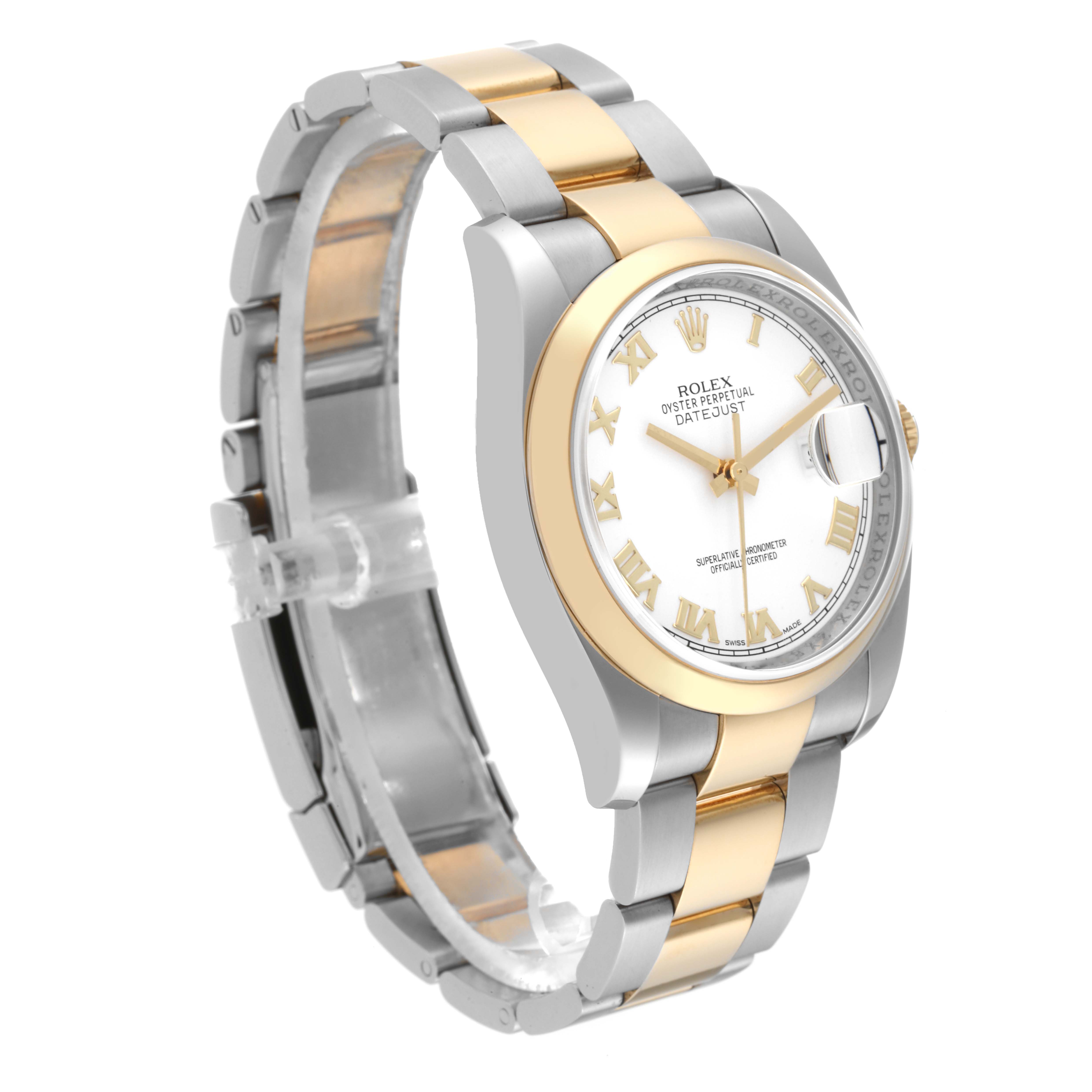 The Rolex Datejust 116203 Men's Steel and Gold (two tone) White Dial 116203 Men's Steel and Gold (two tone) White Dial watch is shown at a three-quarter angle, highlighting its two-tone bracelet, gold bezel, and white dial with Roman numerals.