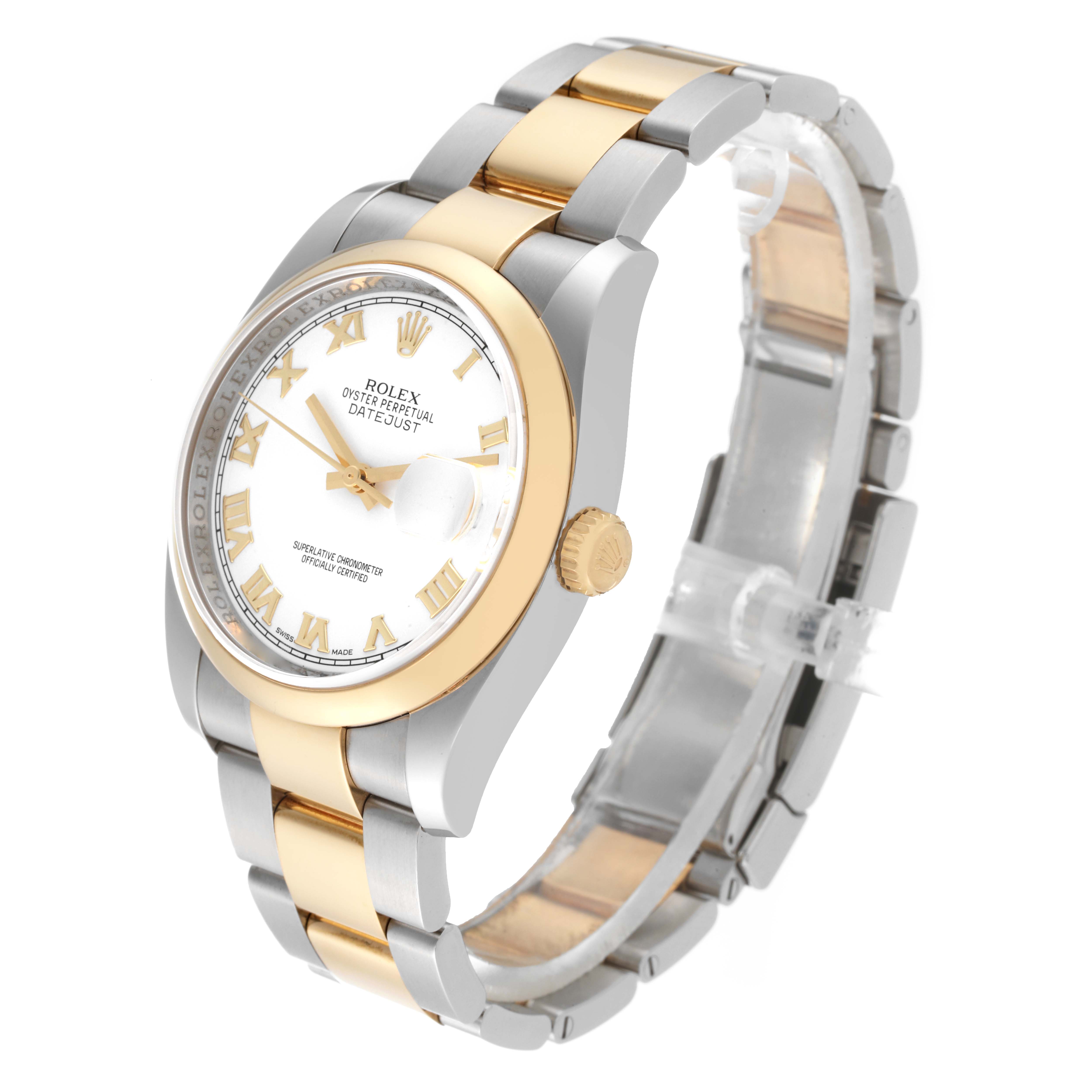 The image shows a Rolex Datejust 116203 Men's Steel and Gold (two tone) White Dial 116203 Men's Steel and Gold (two tone) White Dial watch angled to display the face, bezel, crown, and two-tone bracelet.