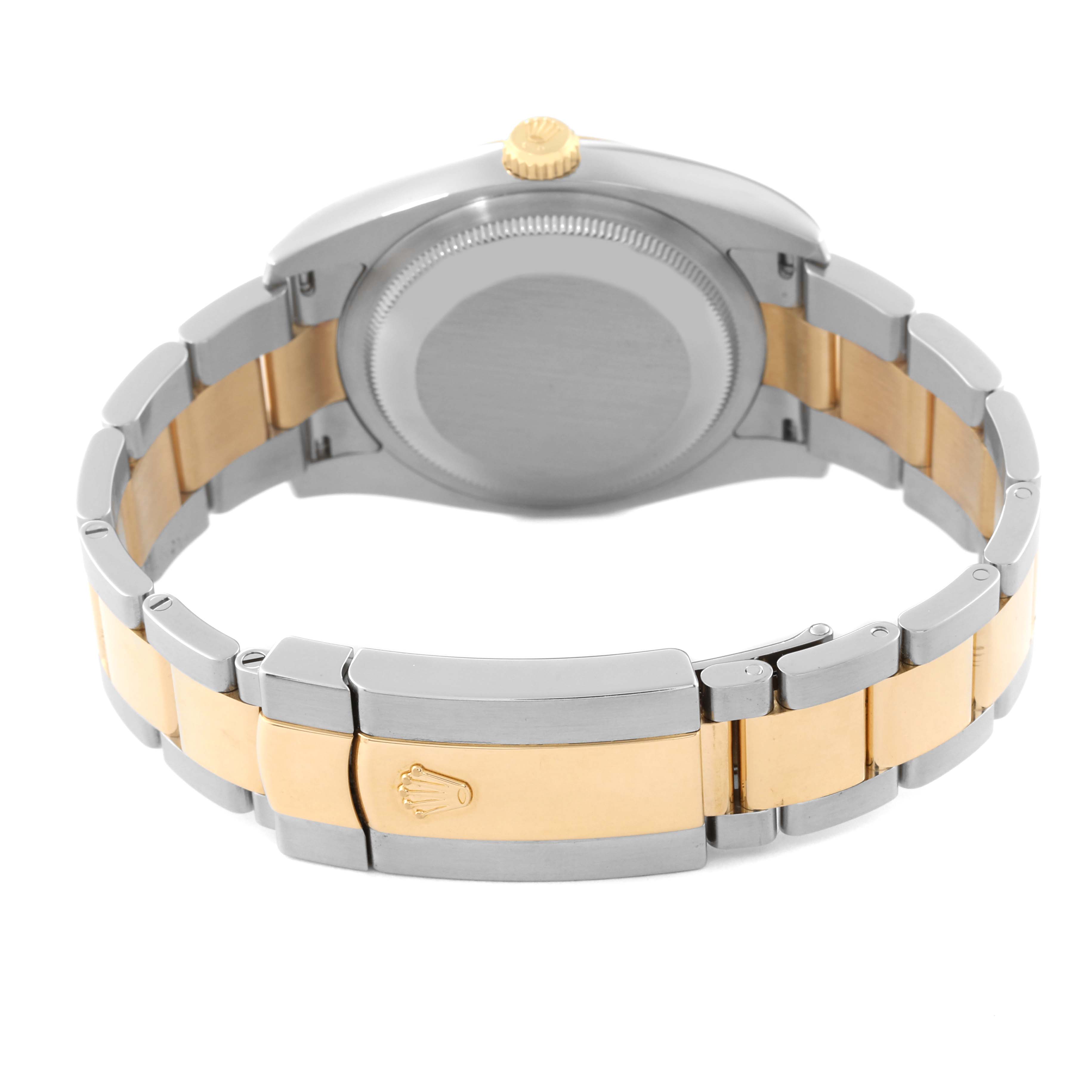 This Rolex Datejust 116203 Men's Steel and Gold (two tone) White Dial 116203 Men's Steel and Gold (two tone) White Dial watch is shown from the rear, highlighting the clasp, bracelet, and case back.