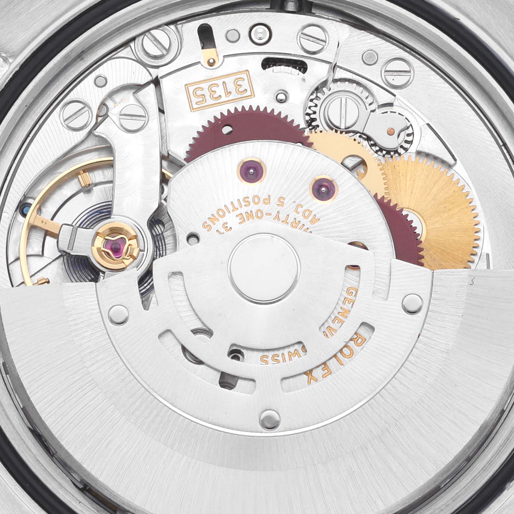 The image shows a close-up view of the movement and internal mechanism of a Rolex Datejust 116203 Men's Steel and Gold (two tone) White Dial 116203 Men's Steel and Gold (two tone) White Dial watch.