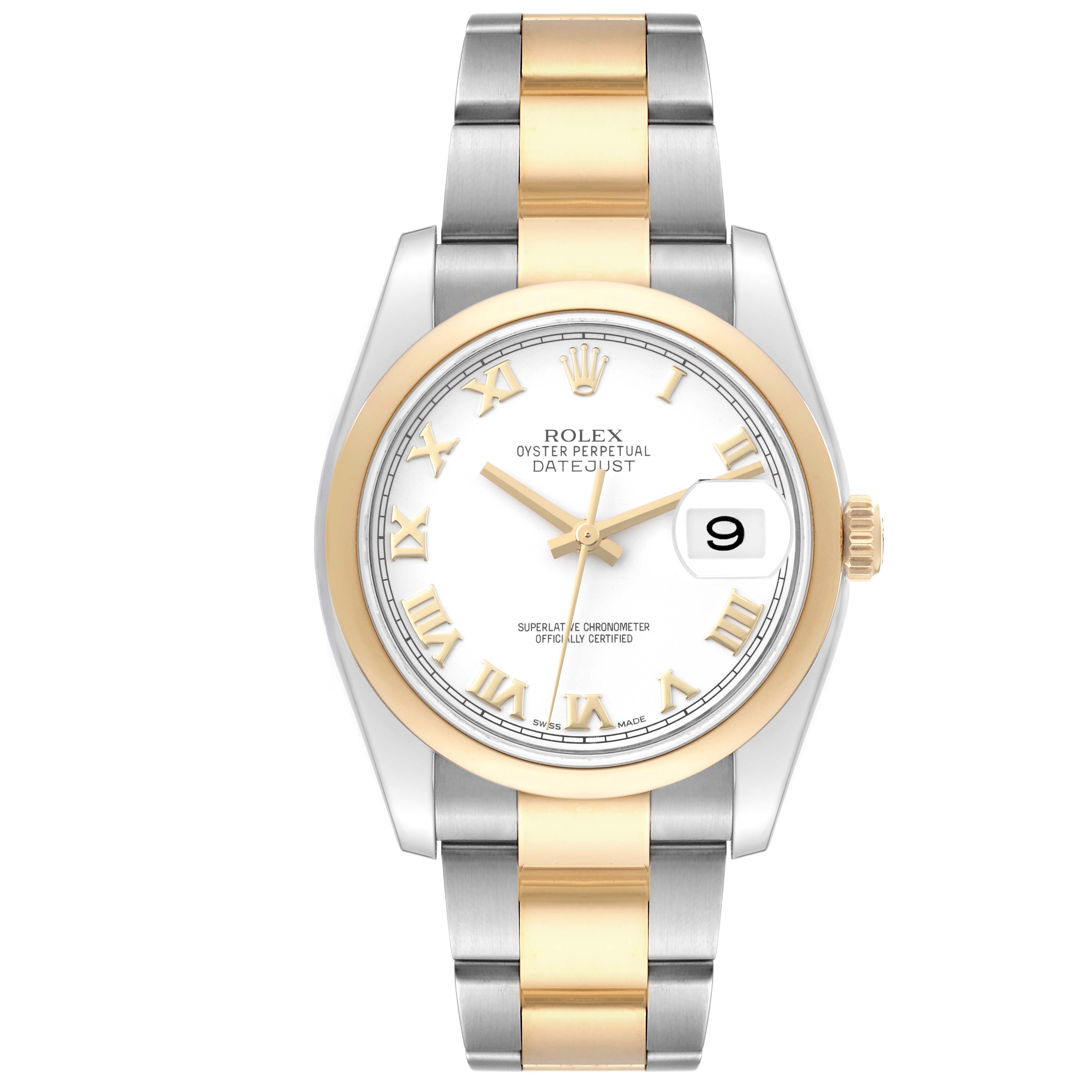 This image shows a front view of a Rolex Datejust 116203 Men's Steel and Gold (two tone) White Dial 116203 Men's Steel and Gold (two tone) White Dial watch with a two-tone bracelet and Roman numeral markers.