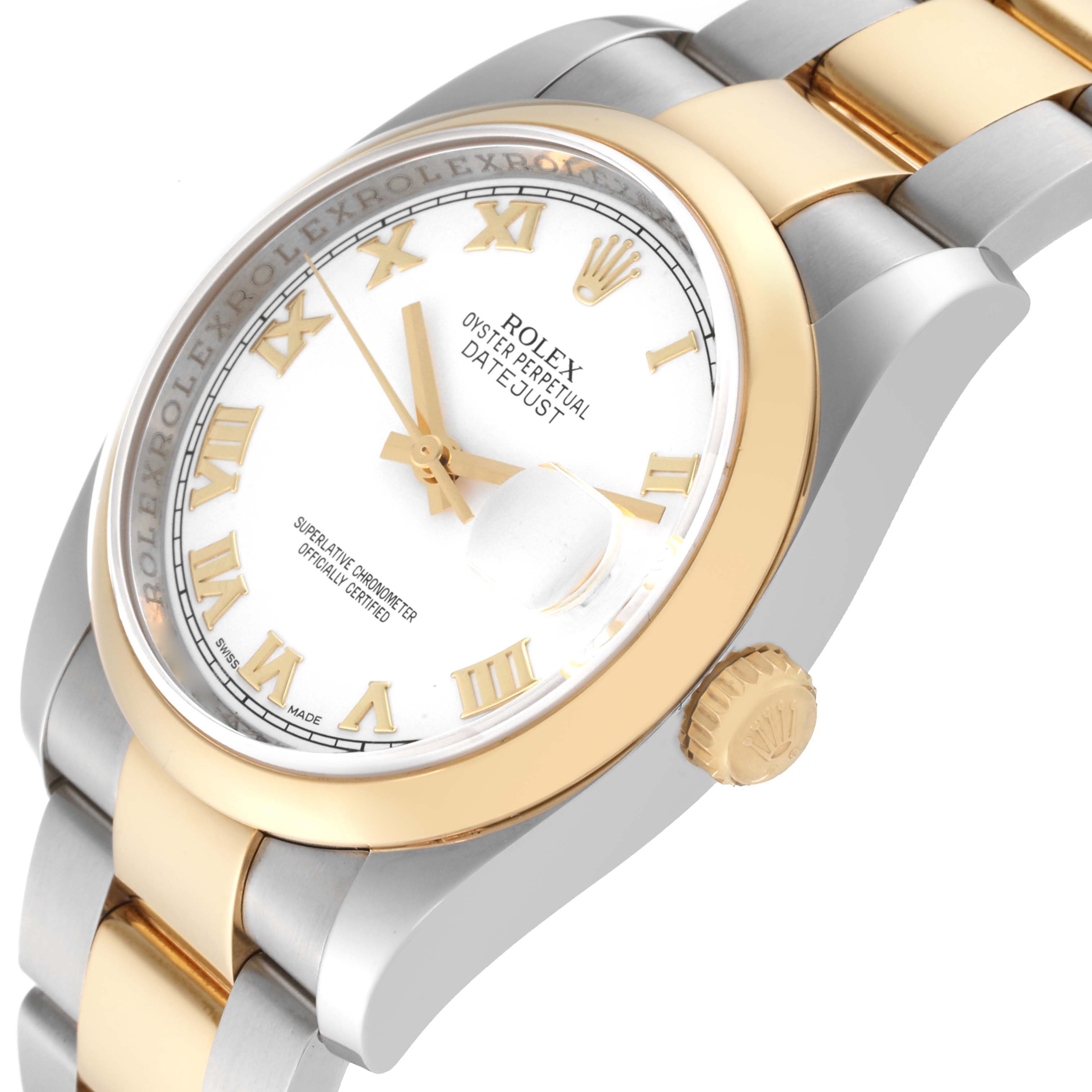 The image shows the Rolex Datejust 116203 Men's Steel and Gold (two tone) White Dial 116203 Men's Steel and Gold (two tone) White Dial watch at an angled side view, highlighting the dial, bezel, crown, and two-tone bracelet.