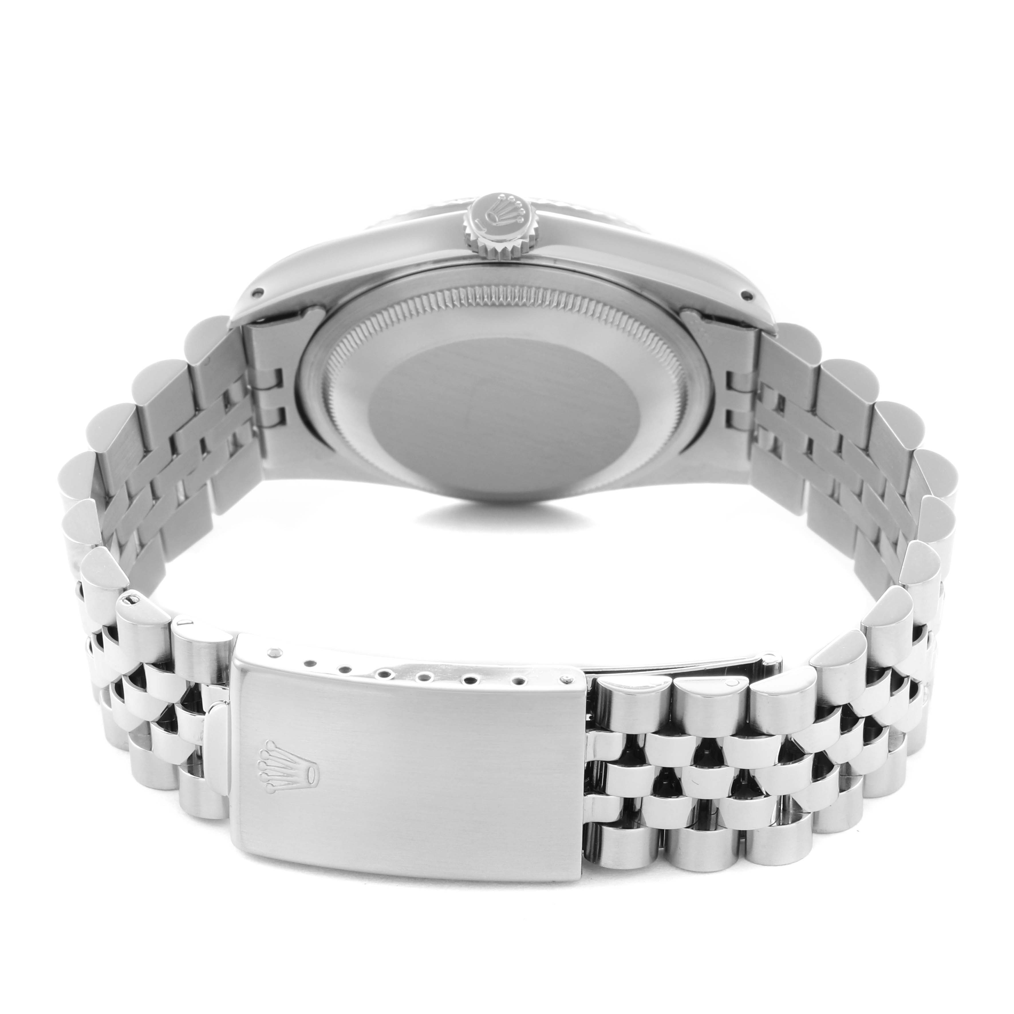 The image shows the back view of a Rolex Datejust 16234 Men's Stainless Steel White Dial 16234 Men's Stainless Steel White Dial, highlighting the case back and Jubilee bracelet with the clasp.