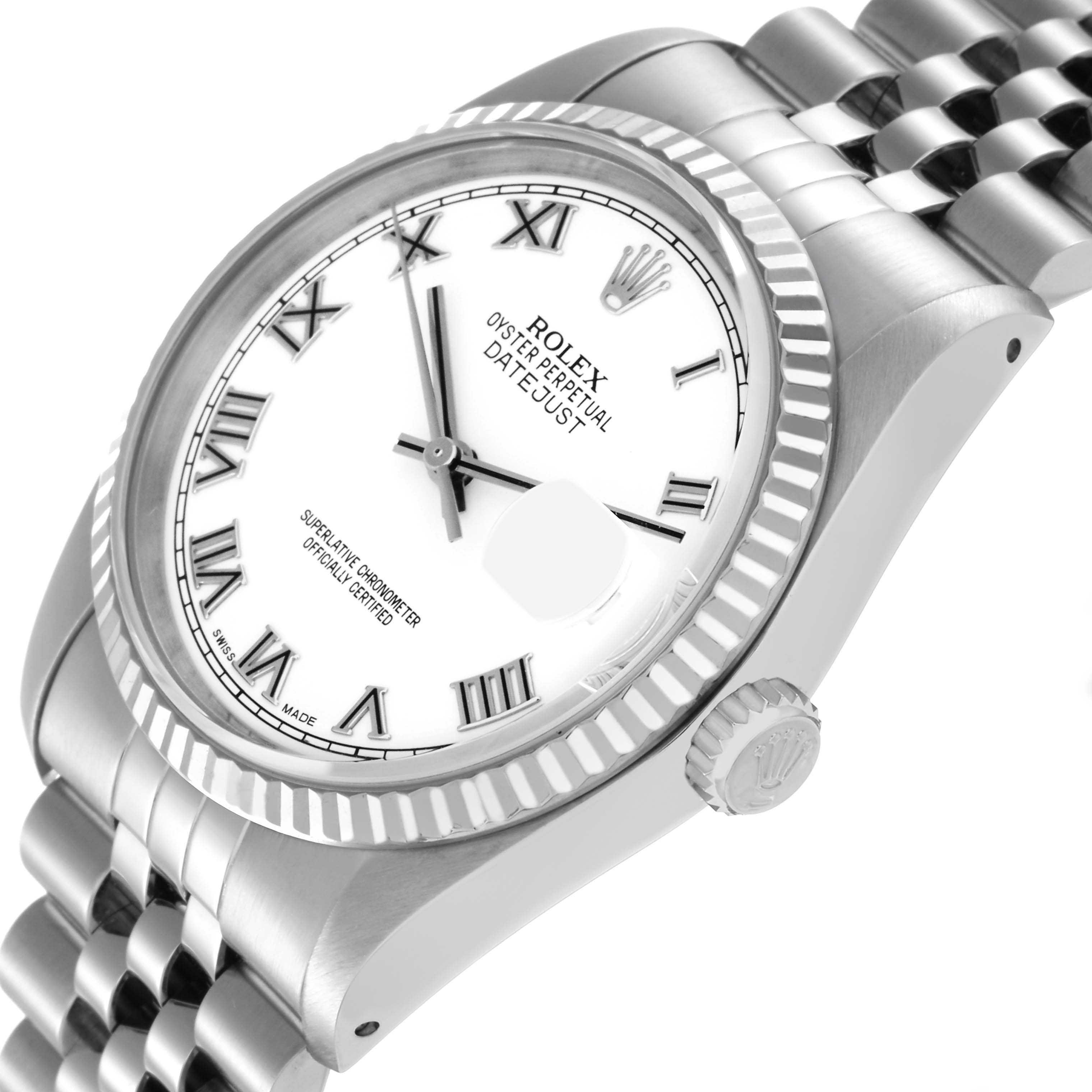 The Rolex Datejust 16234 Men's Stainless Steel White Dial 16234 Men's Stainless Steel White Dial watch is shown at an angled top-down view displaying the dial, bezel, crown, and part of the bracelet.
