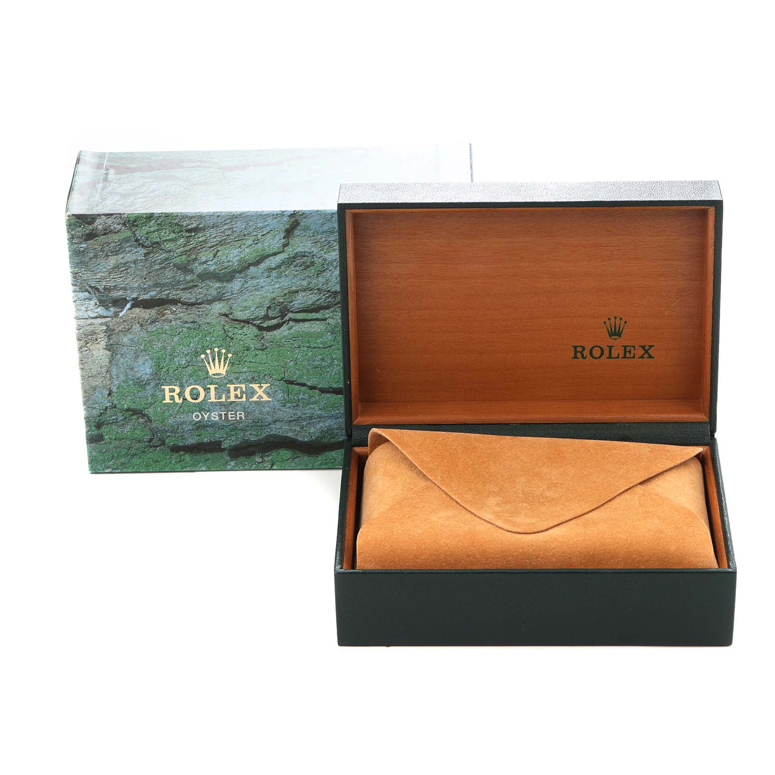 The image shows a Rolex Datejust 16234 Men's Stainless Steel White Dial 16234 Men's Stainless Steel White Dial box, featuring an open wooden interior and a suede pouch, with the outer box alongside.