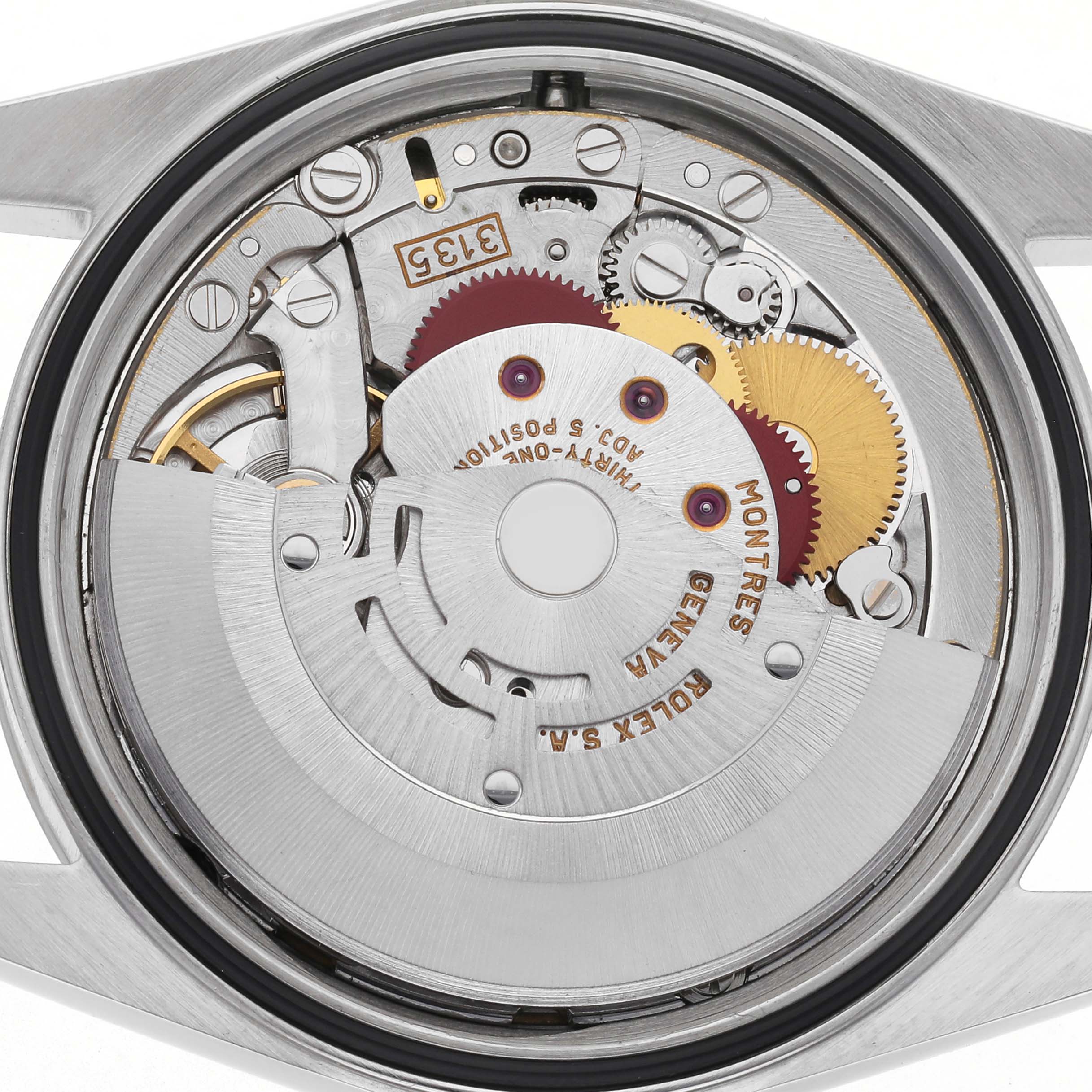 The image shows the internal movement of a Rolex Datejust 16234 Men's Stainless Steel White Dial 16234 Men's Stainless Steel White Dial watch from a top-down angle, highlighting gears and components.