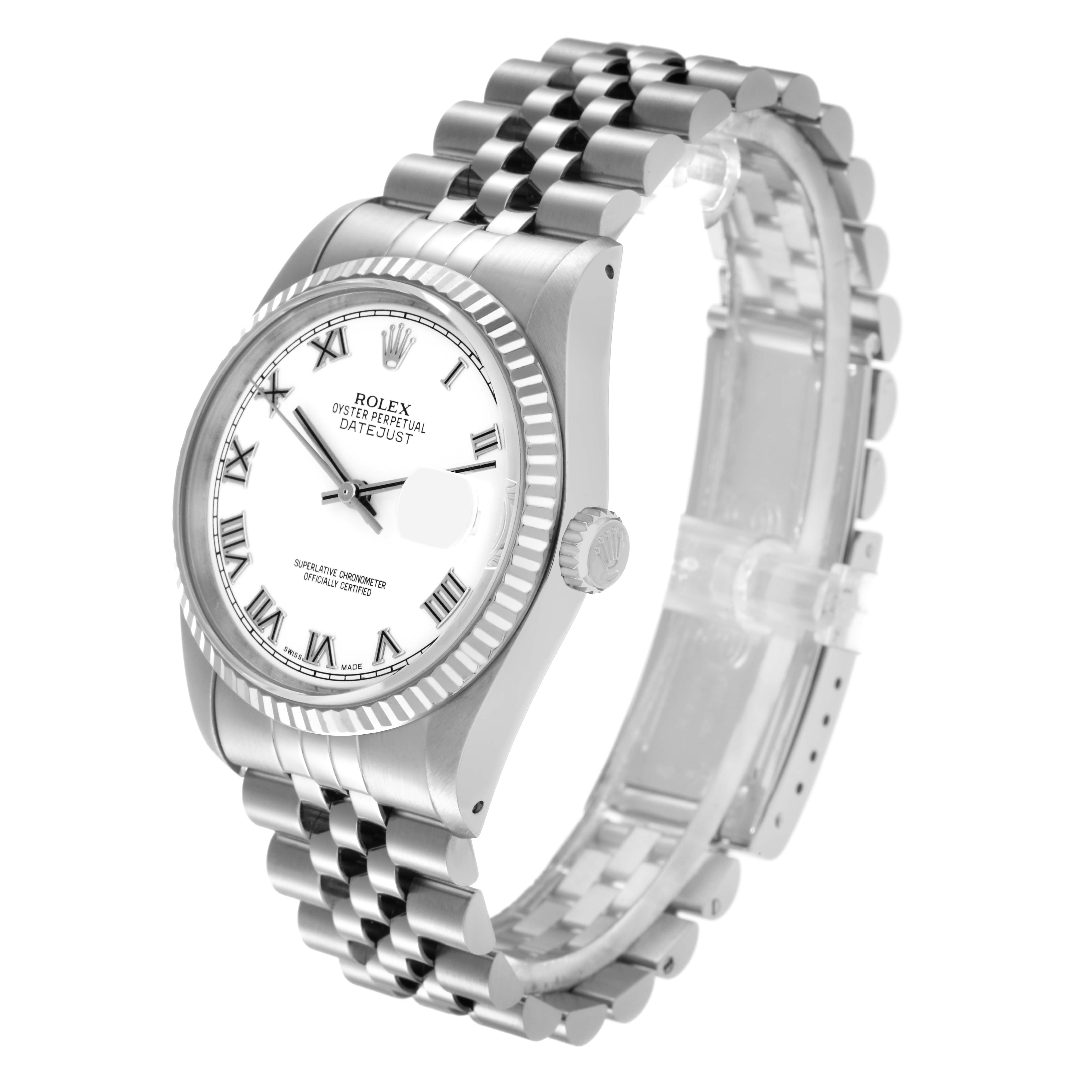 The Rolex Datejust 16234 Men's Stainless Steel White Dial 16234 Men's Stainless Steel White Dial watch is shown at a three-quarter angle, highlighting the dial, bezel, crown, and Jubilee bracelet.