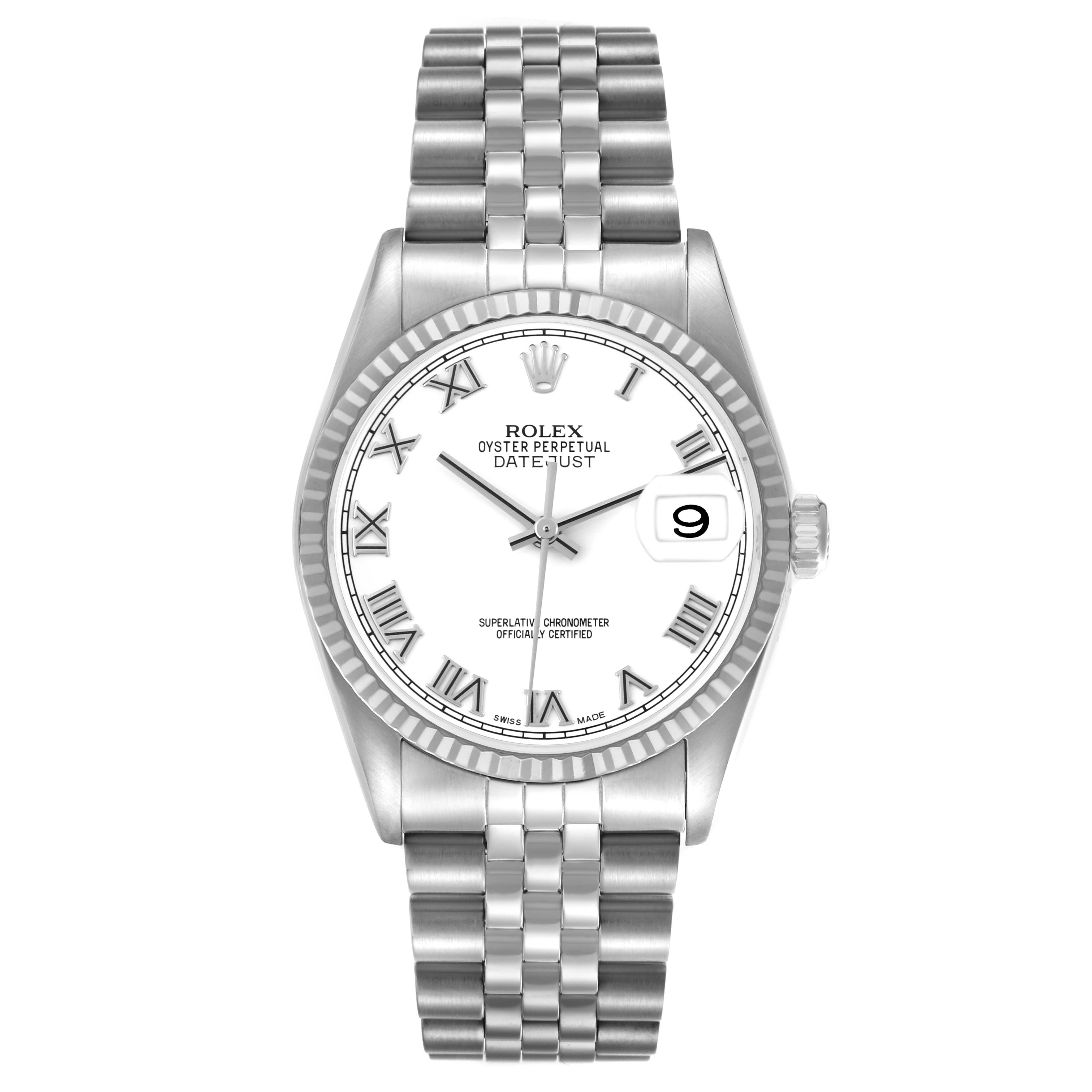 The image shows a Rolex Datejust 16234 Men's Stainless Steel White Dial 16234 Men's Stainless Steel White Dial watch from a front angle, highlighting the white dial, Roman numerals, and Jubilee bracelet.