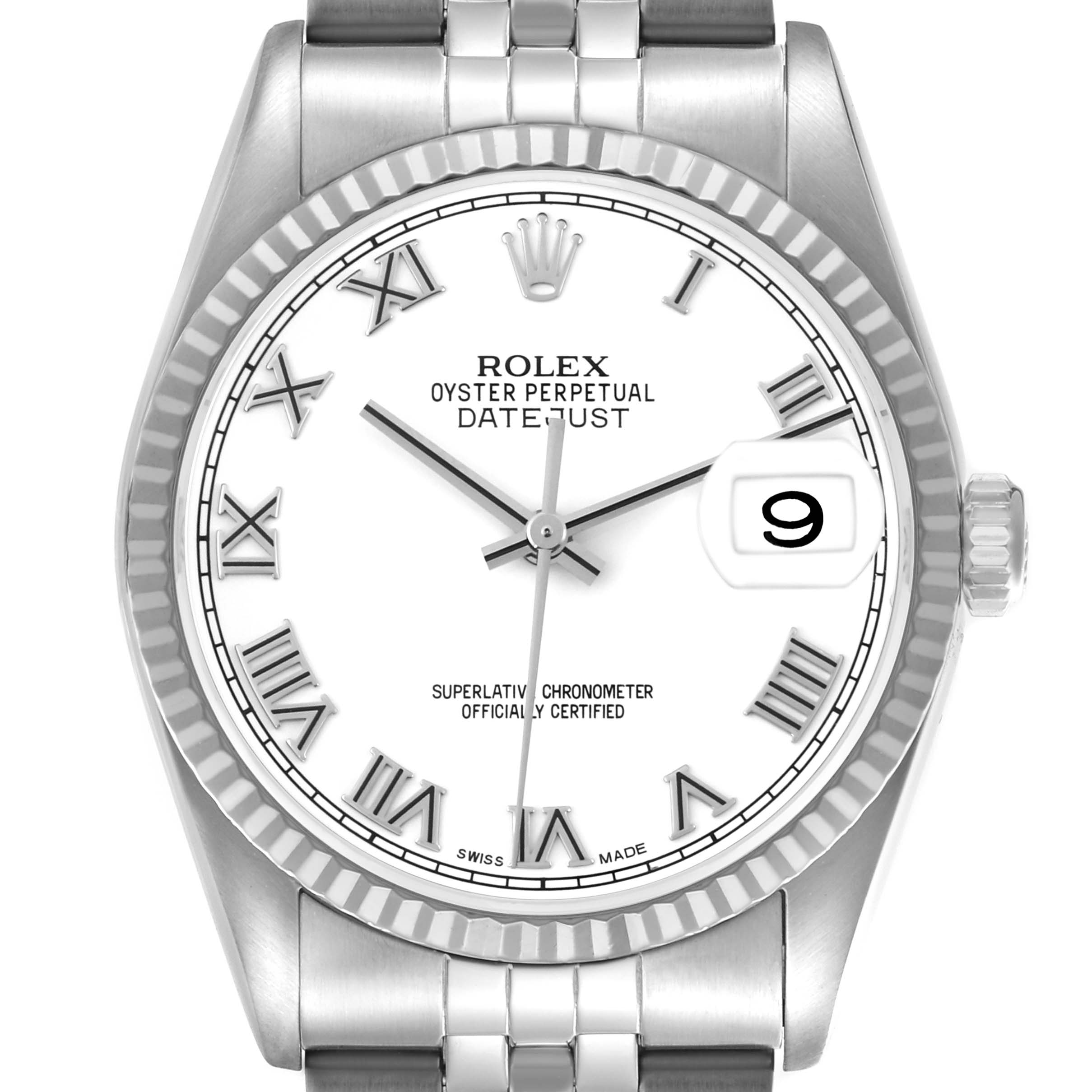 This Rolex Datejust 16234 Men's Stainless Steel White Dial 16234 Men's Stainless Steel White Dial watch is shown from the front, featuring its face, bezel, crown, and bracelet.