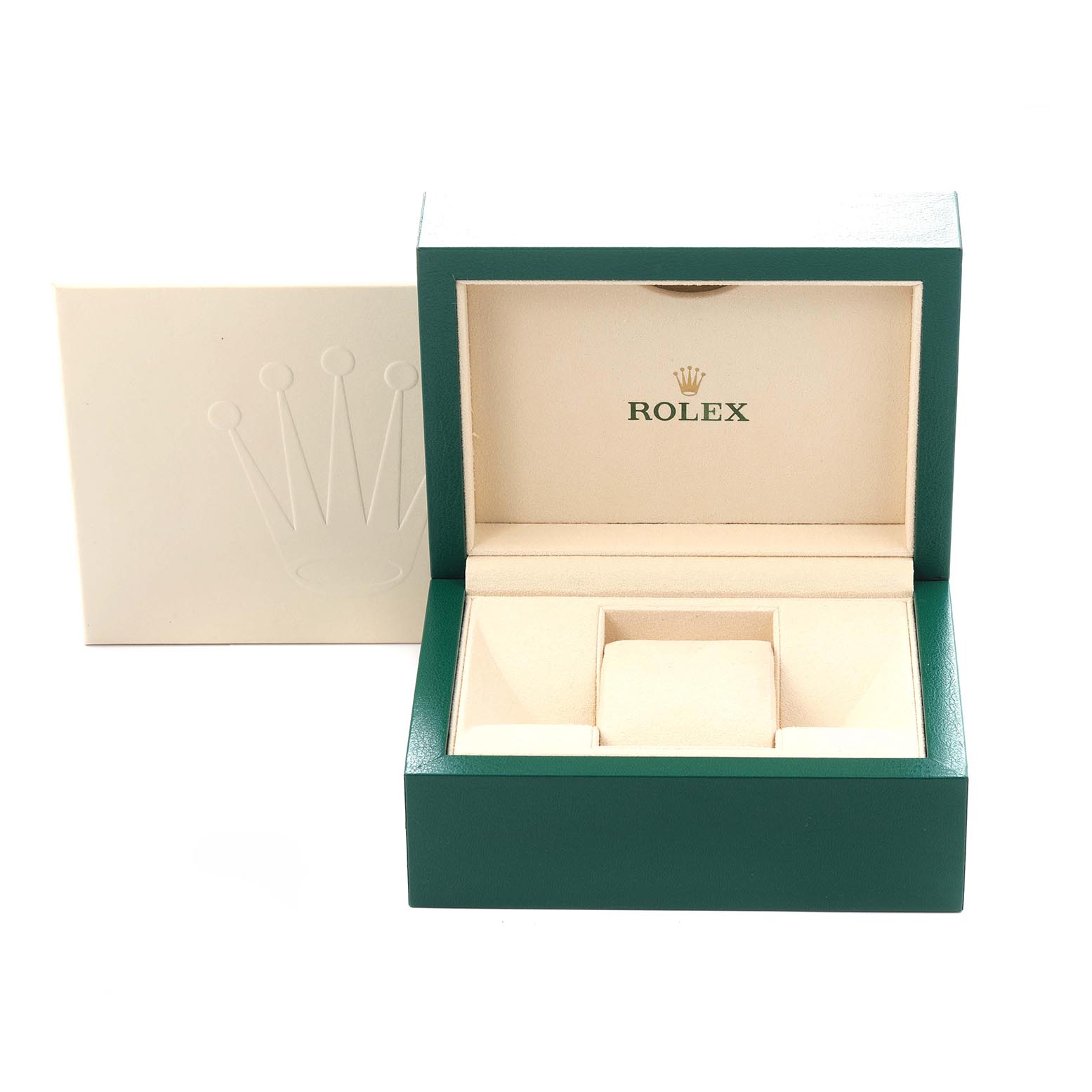 The image shows a Rolex Datejust 41 126300 Men's Stainless Steel Black Dial 126300 Men's Stainless Steel Black Dial watch box from a front angle, displaying its open interior and outer packaging.