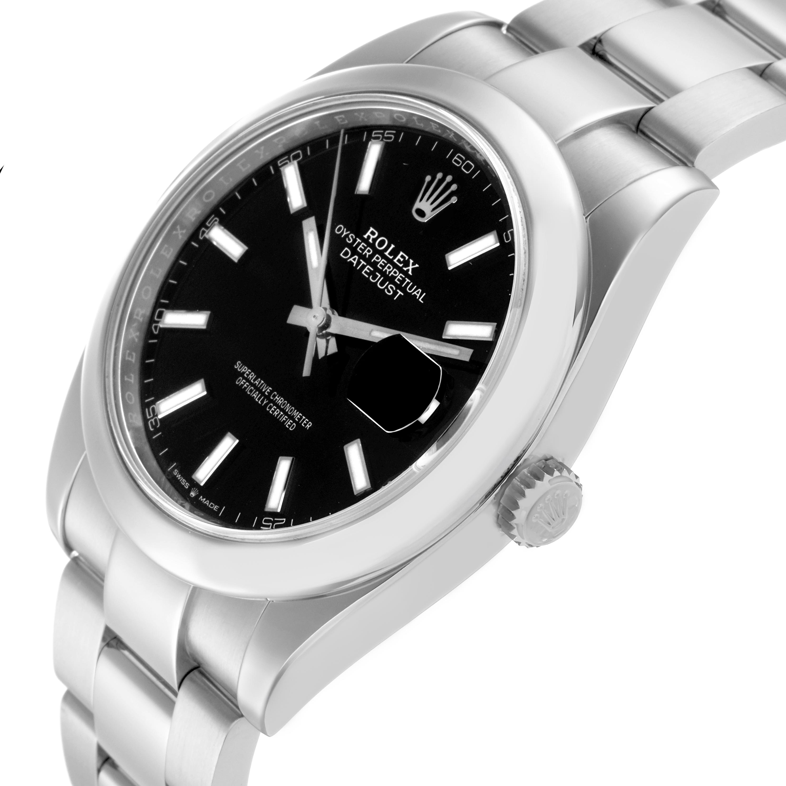The Rolex Datejust 41 126300 Men's Stainless Steel Black Dial 126300 Men's Stainless Steel Black Dial is shown at a three-quarter angle, highlighting the dial, bezel, crown, and part of the bracelet.