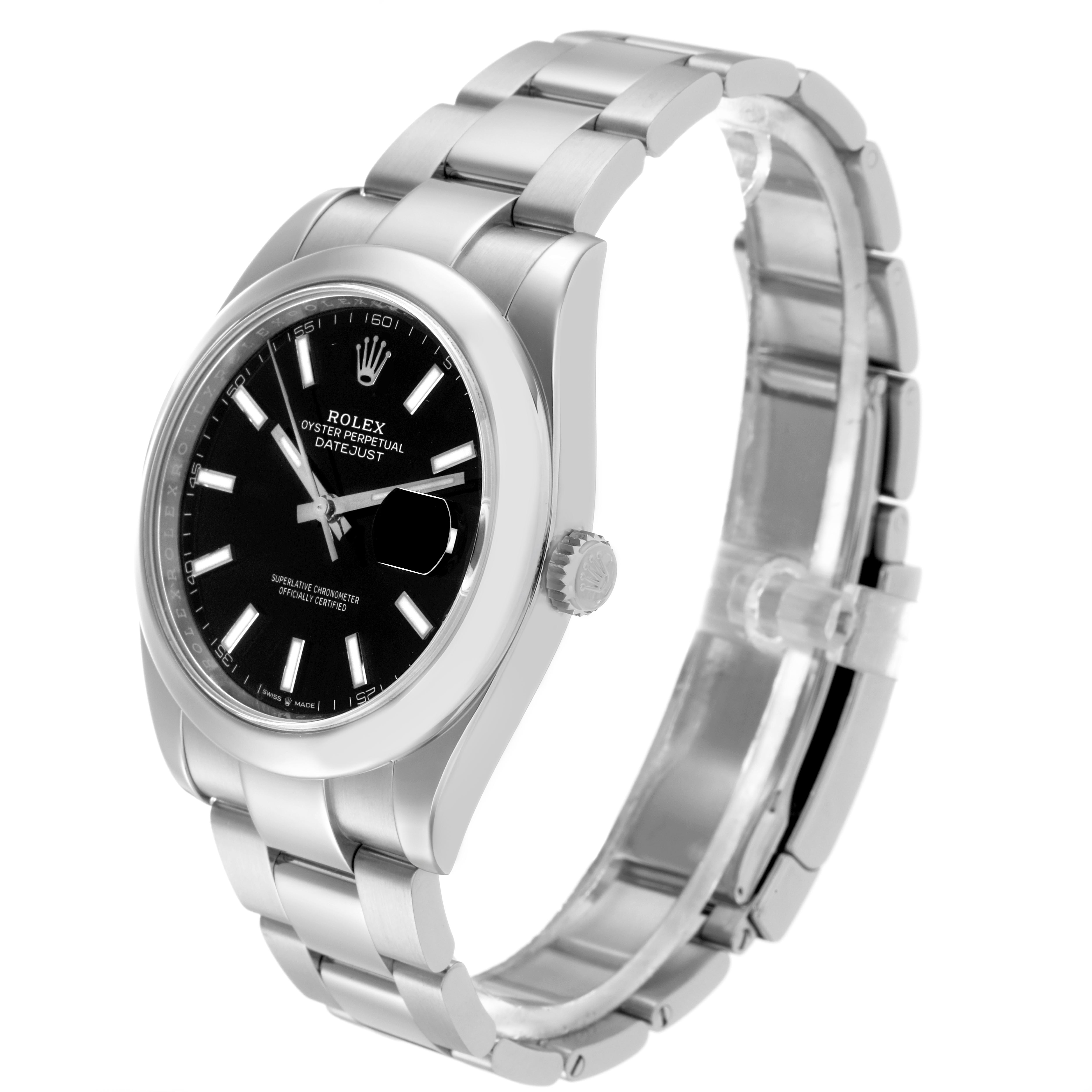 The Rolex Datejust 41 126300 Men's Stainless Steel Black Dial 126300 Men's Stainless Steel Black Dial is shown at a three-quarter angle, highlighting the dial, bezel, crown, and bracelet.