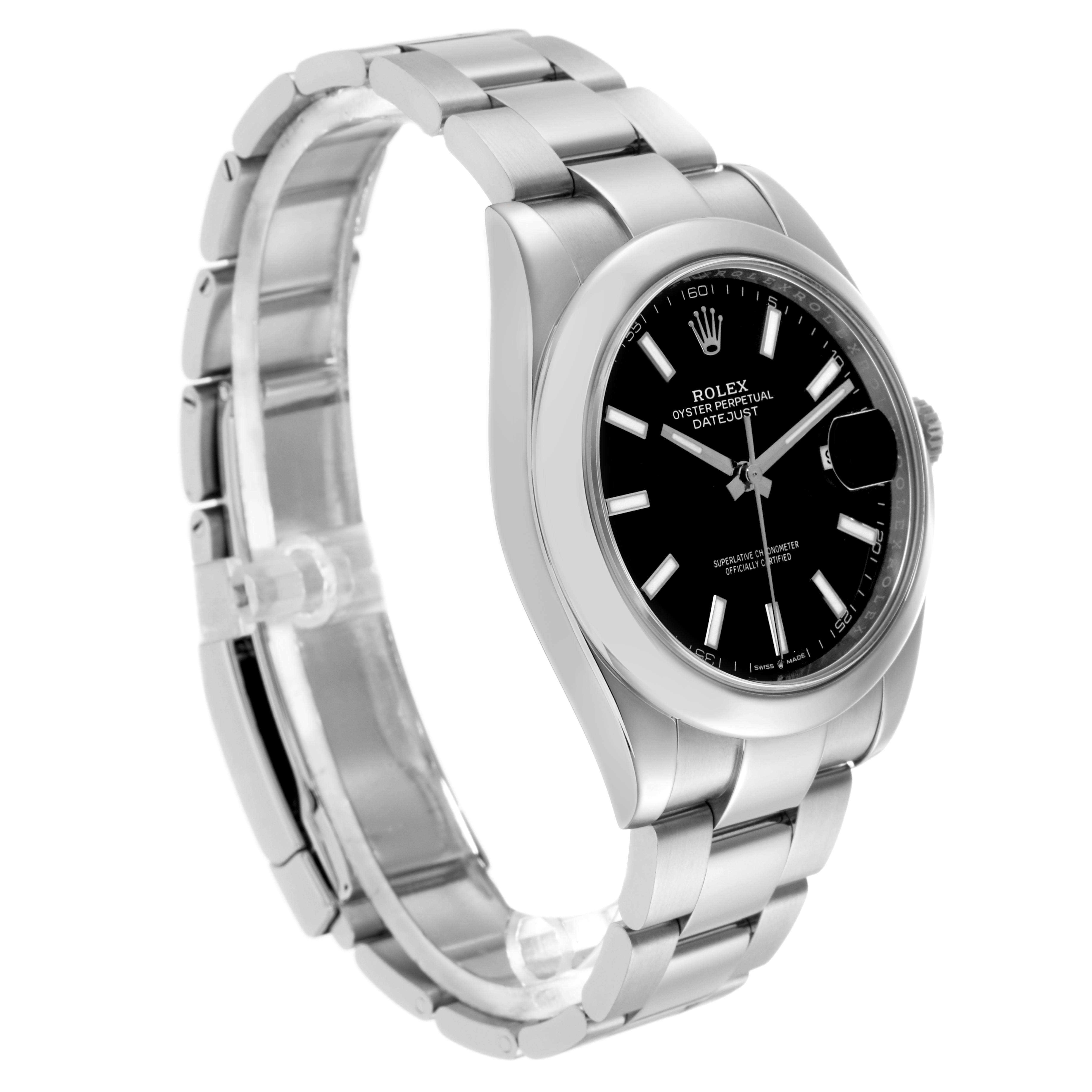 The Rolex Datejust 41 126300 Men's Stainless Steel Black Dial 126300 Men's Stainless Steel Black Dial watch is shown from a three-quarter angle, highlighting the face, bezel, and stainless steel bracelet.