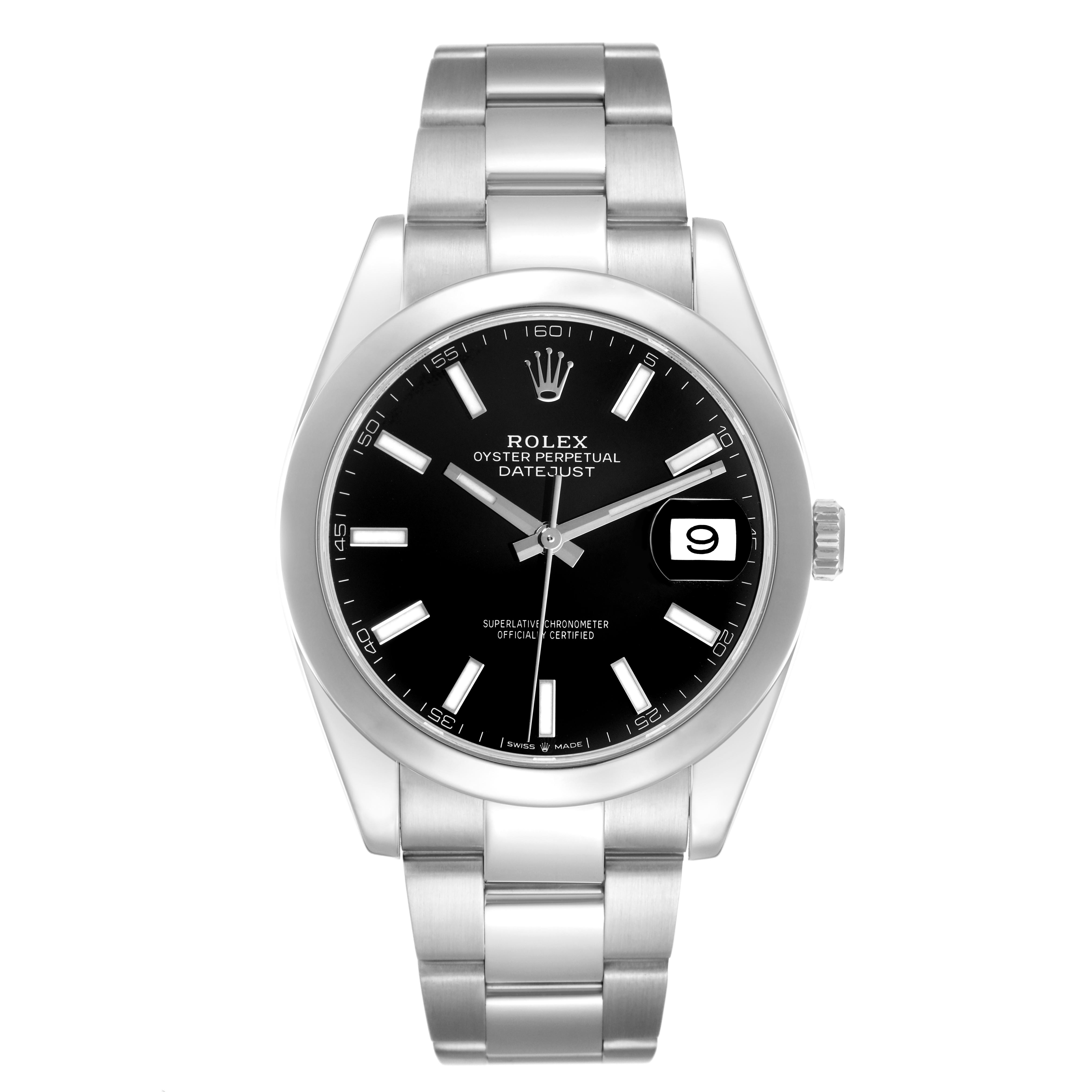 The Rolex Datejust 41 126300 Men's Stainless Steel Black Dial 126300 Men's Stainless Steel Black Dial is shown from a frontal angle, displaying the dial, bezel, and bracelet.
