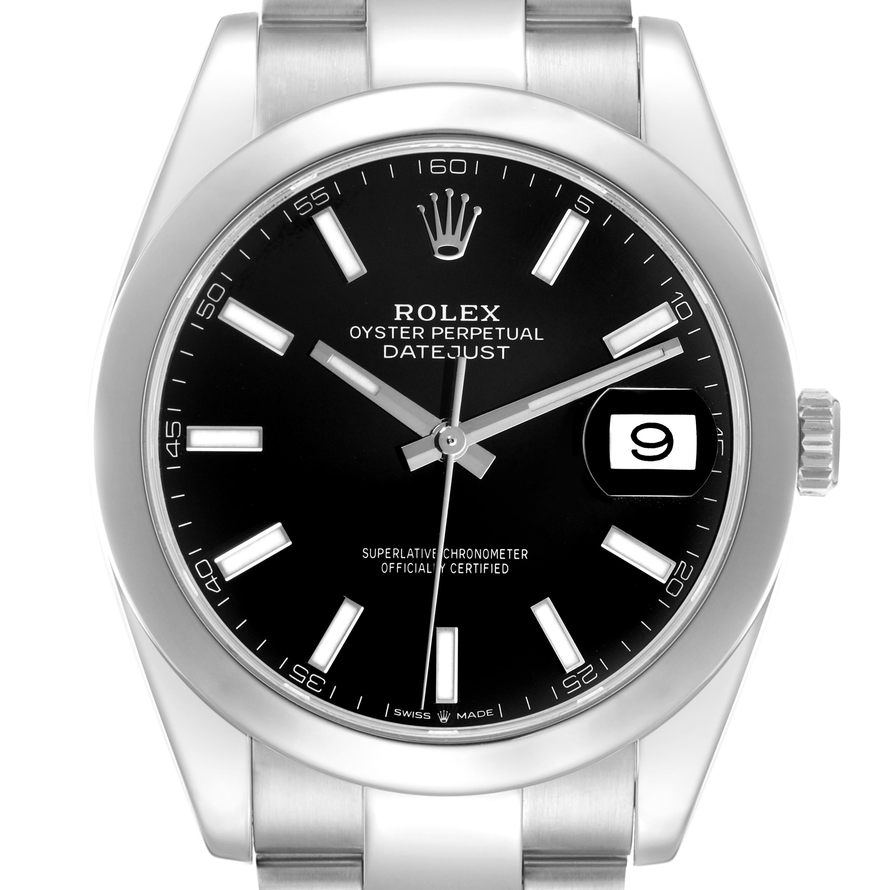 The image shows a front view of the Rolex Datejust 41 126300 Men's Stainless Steel Black Dial 126300 Men's Stainless Steel Black Dial, highlighting its black dial, hour markers, and date window.