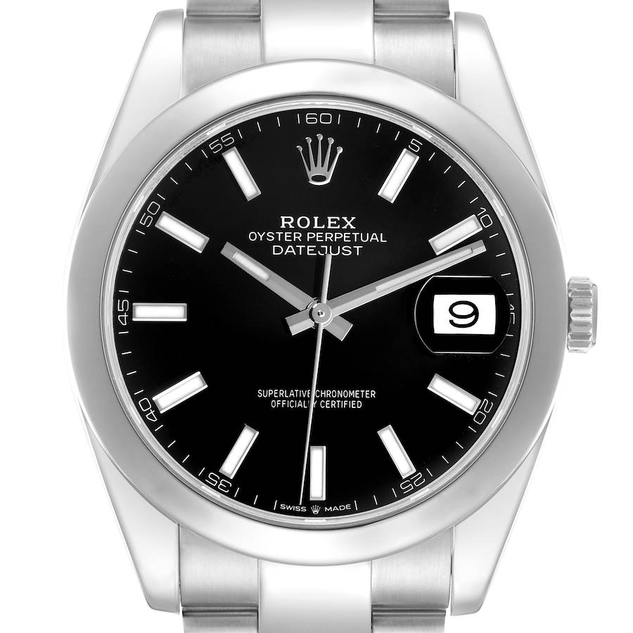 The image shows a front view of the Rolex Datejust 41, highlighting its black dial, hour markers, and date window.