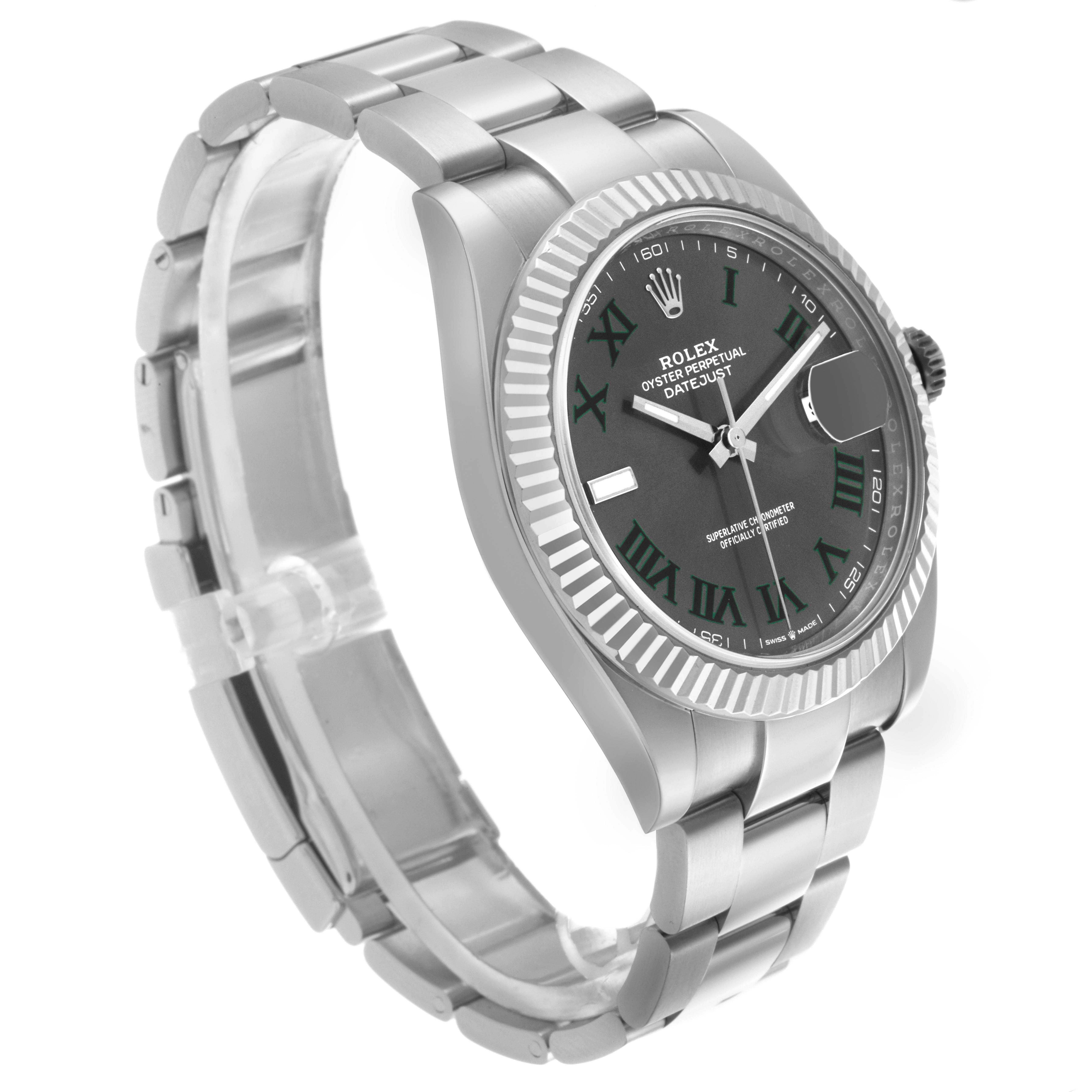 The Rolex Datejust 41 126334 Men's Stainless Steel Grey Dial 126334 Men's Stainless Steel Grey Dial watch is shown at a three-quarter angle, displaying its bracelet, bezel, dial, and cyclops lens.