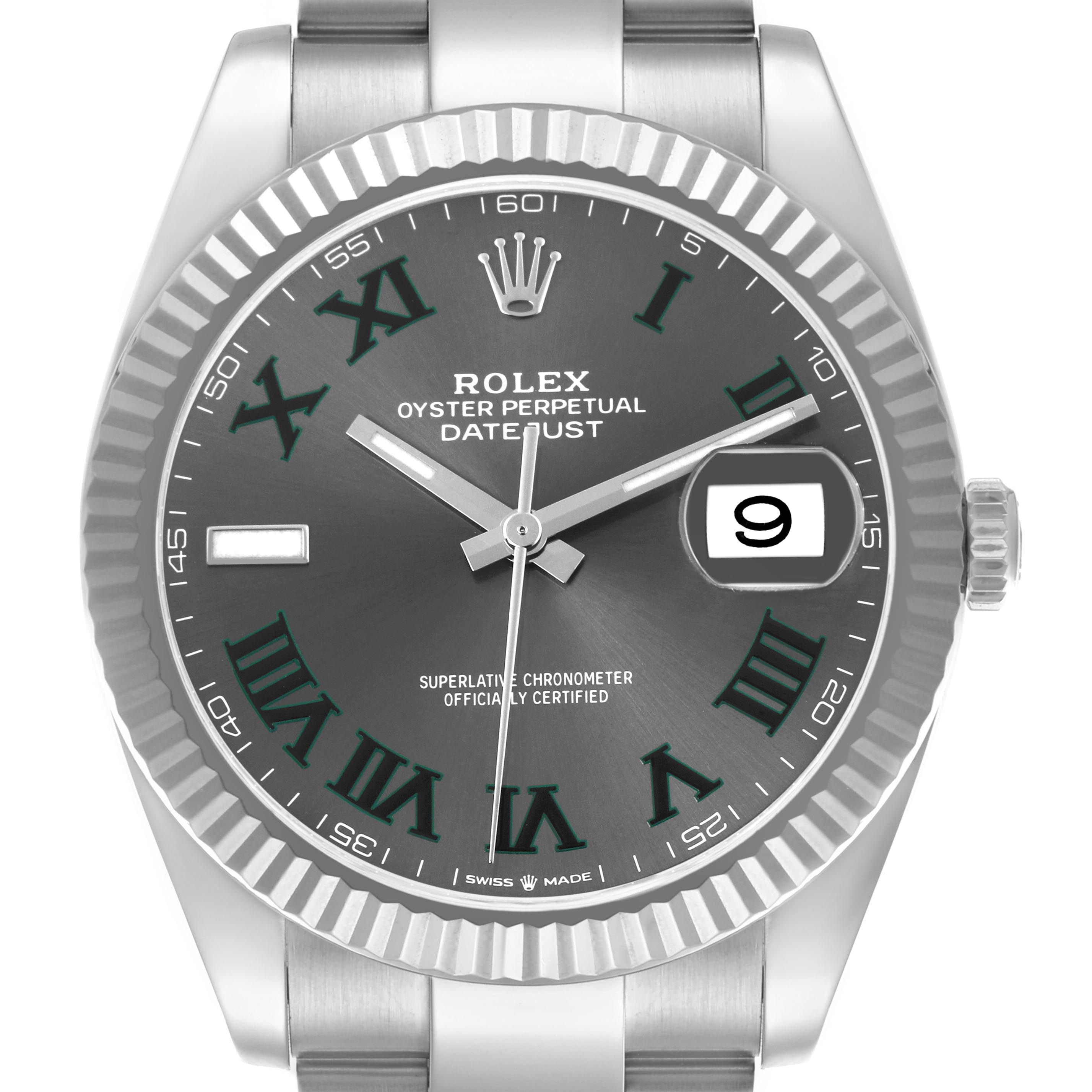The Rolex Datejust 41 126334 Men's Stainless Steel Grey Dial 126334 Men's Stainless Steel Grey Dial watch is shown from the front, displaying the dial, hands, fluted bezel, and part of the bracelet.