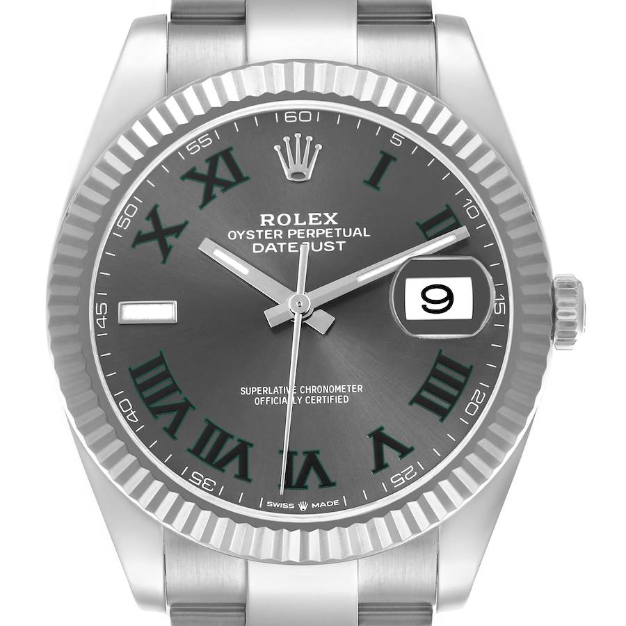 The Rolex Datejust 41 watch is shown from the front, displaying the dial, hands, fluted bezel, and part of the bracelet.
