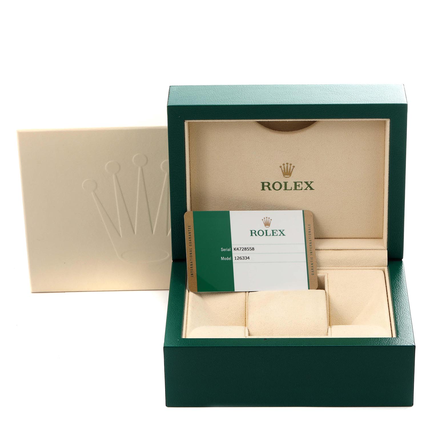 The image shows a Rolex Datejust 41 126334 Men's Stainless Steel Grey Dial 126334 Men's Stainless Steel Grey Dial watch box with an open lid and a warranty card inside.