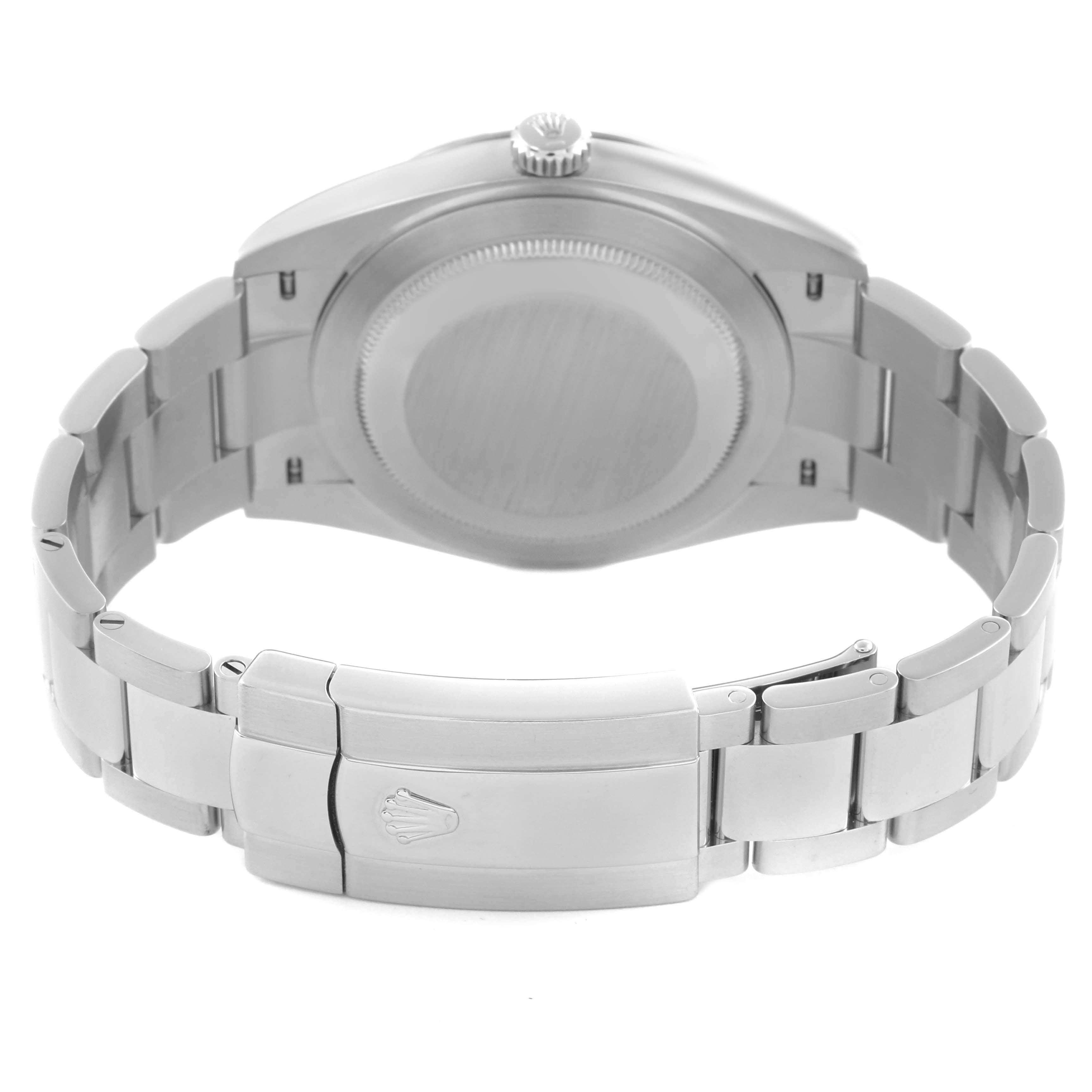 The Rolex Datejust 41 126334 Men's Stainless Steel Grey Dial 126334 Men's Stainless Steel Grey Dial watch is shown from the back, highlighting the case back, bracelet, and clasp with the Rolex logo.